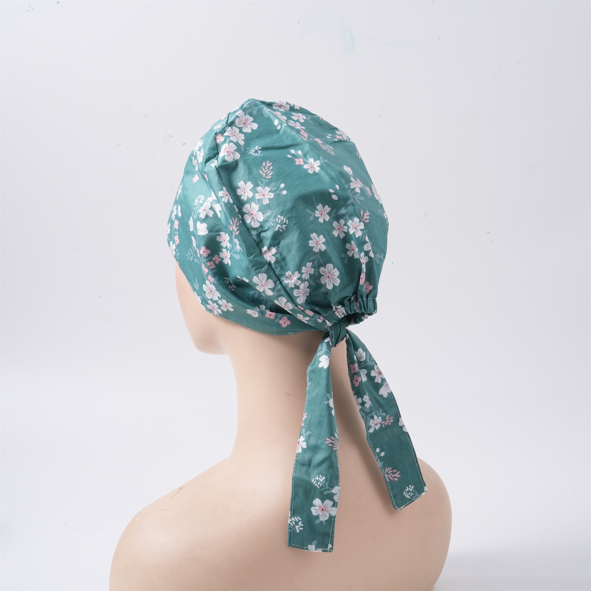 Green Cotton Surgical Tieback Scrub Cap, White Pink Print