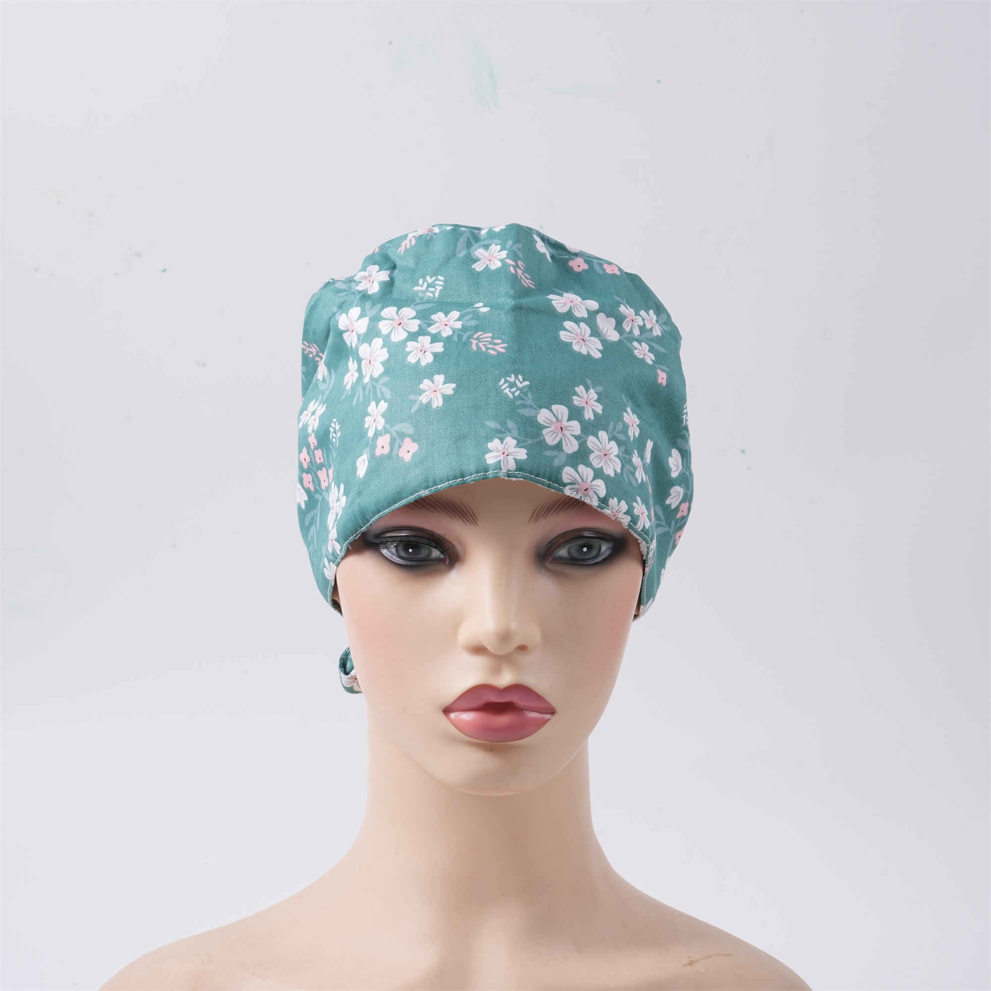 Green Cotton Surgical Tieback Scrub Cap, White Pink Print