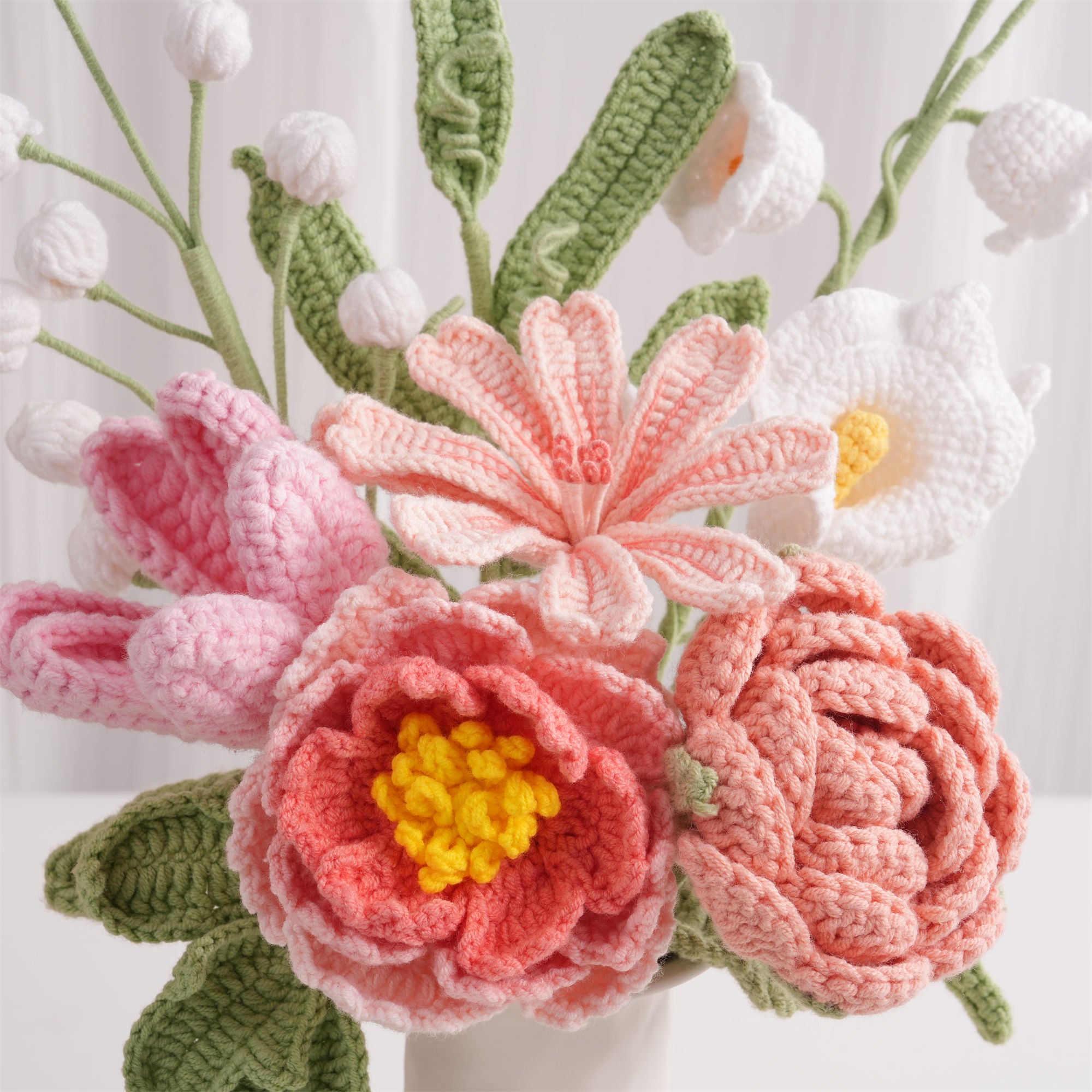 Handmade Peony Flower Bouquet-8PCS, Crochet Flower Arrangement for Home Deocr