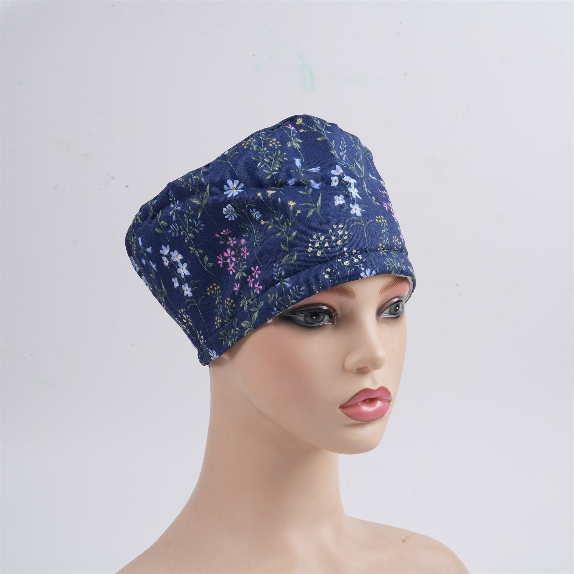 Blue Pink Floral Surgical Scrub Cap - Tieback Style