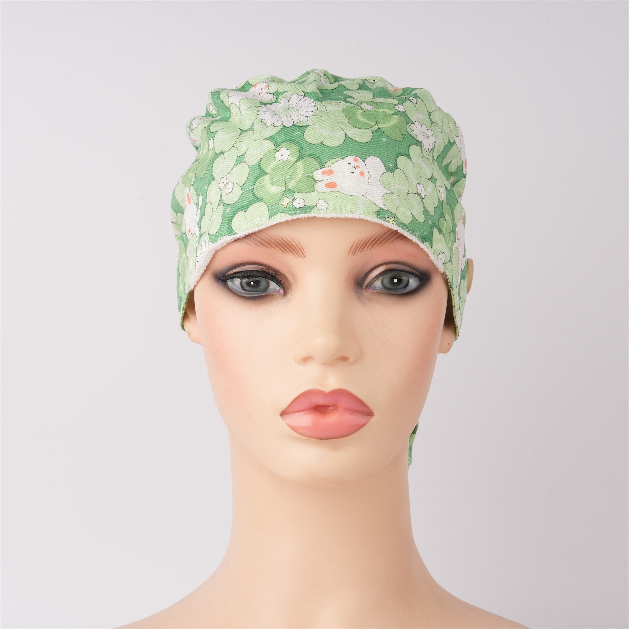 Summer Cotton Ponytail Scrub Cap: Green Leaves & Bunny