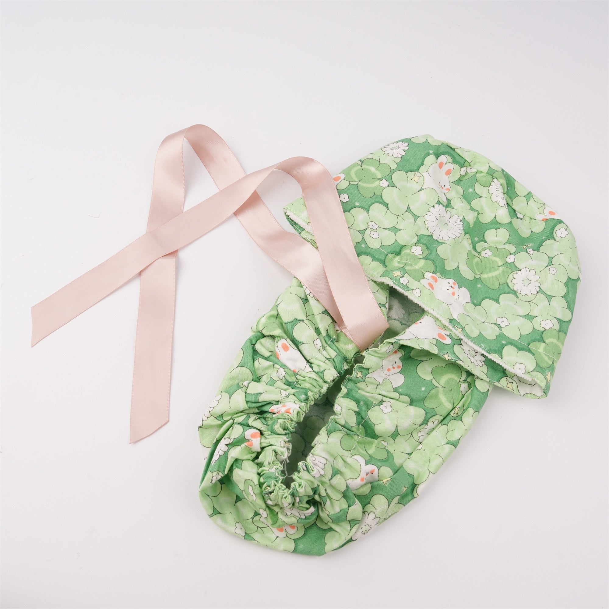 Summer Cotton Ponytail Scrub Cap: Green Leaves & Bunny
