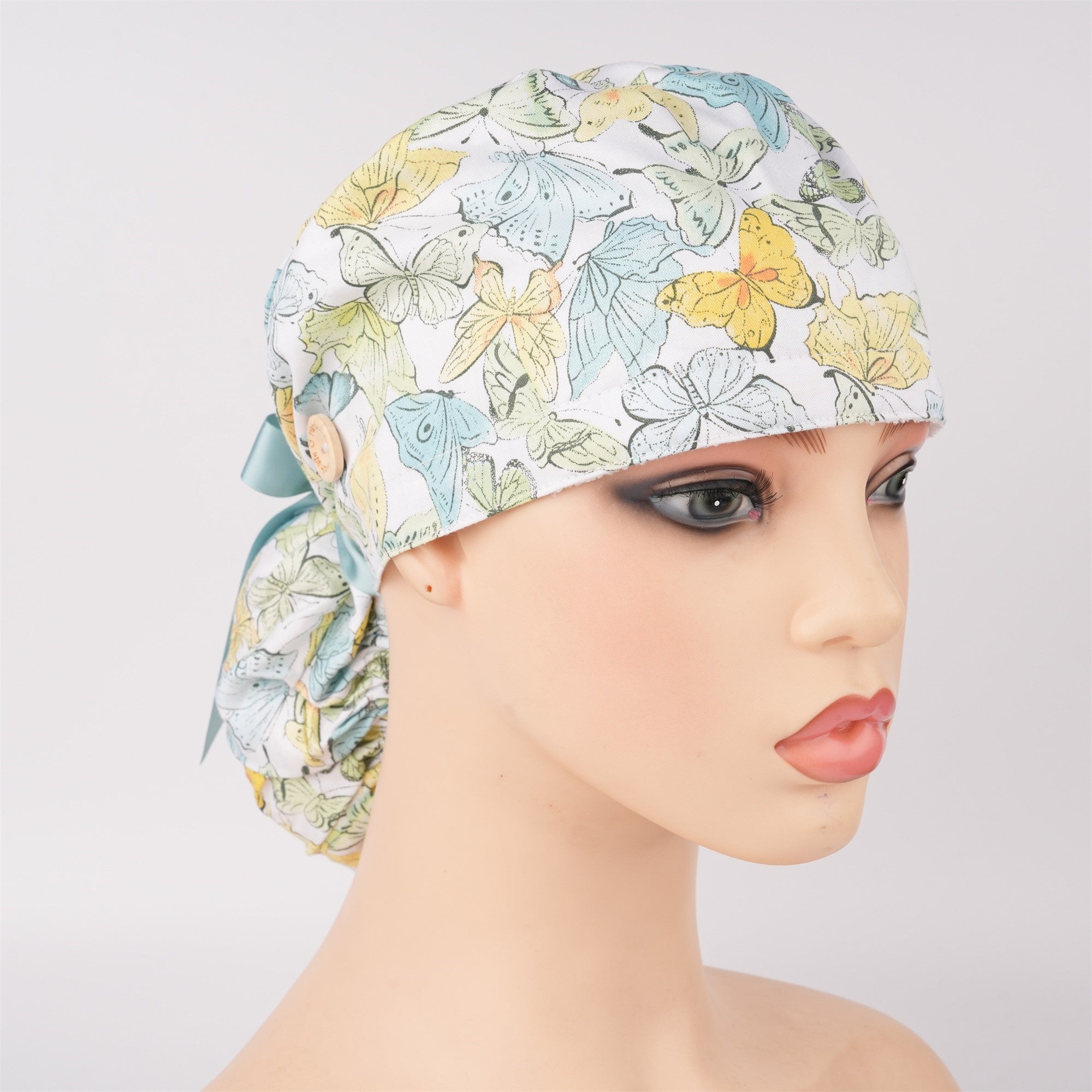 Teal Butterfly Cotton Ponytail Scrub Cap