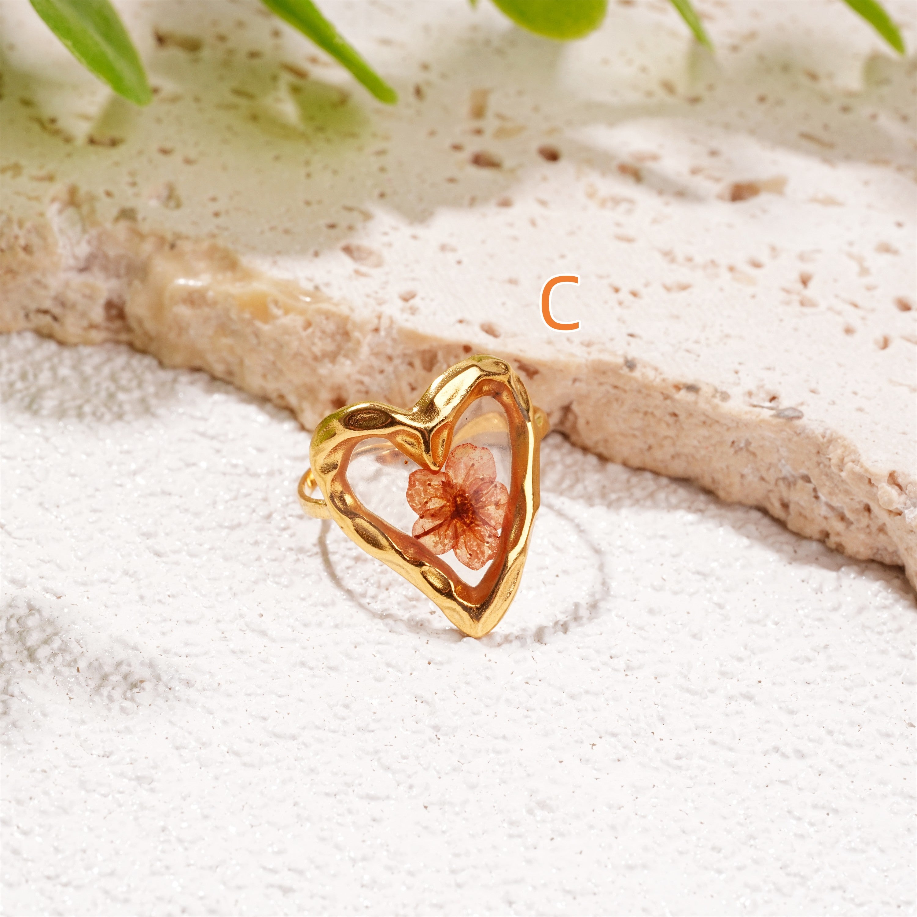 Heart/Square/Oval Shape Real Flower Resin Rings,Red/Green Floral Jewelry Ring