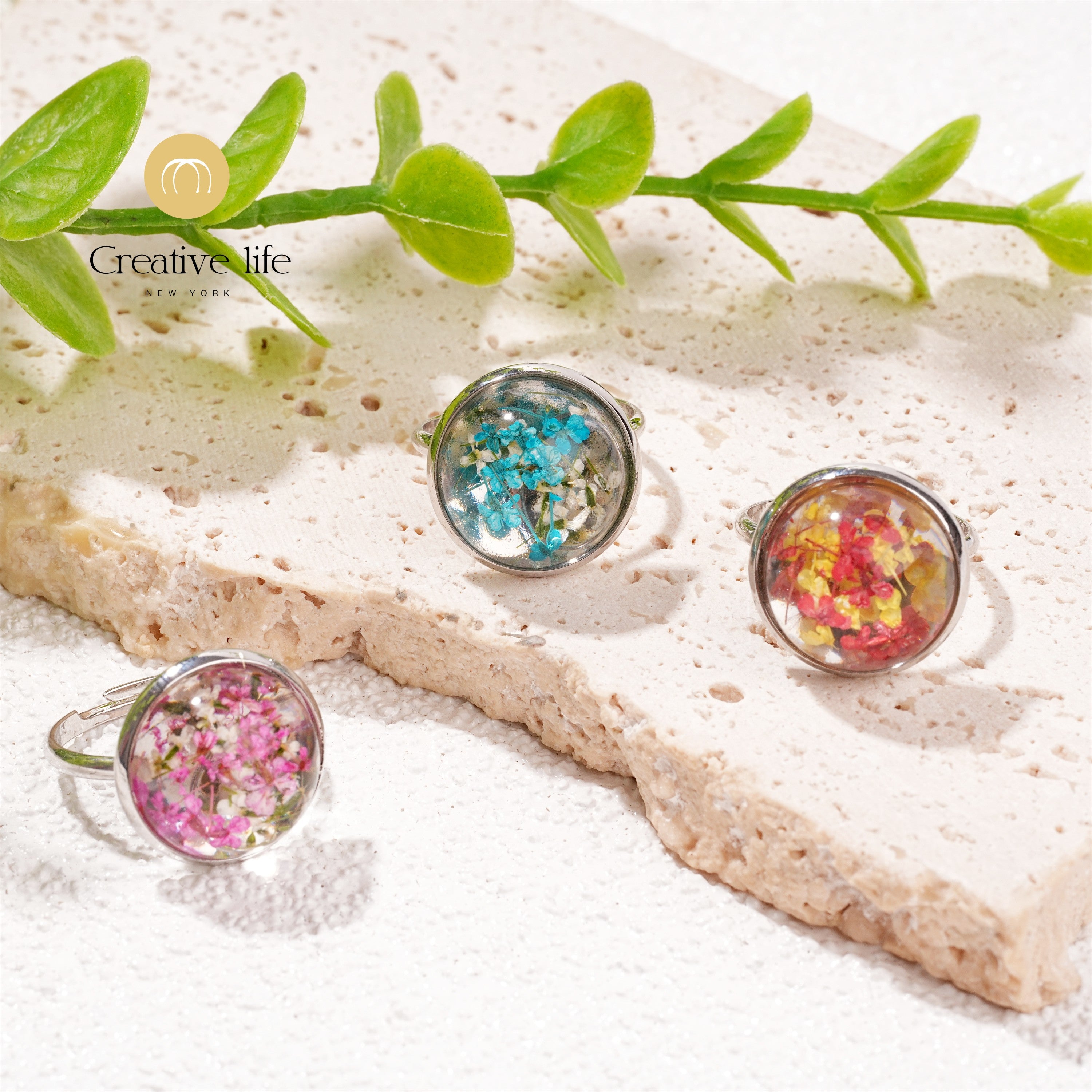 Red/Pink/Blue Floral Jewelry Ring, Dried Flower Ring