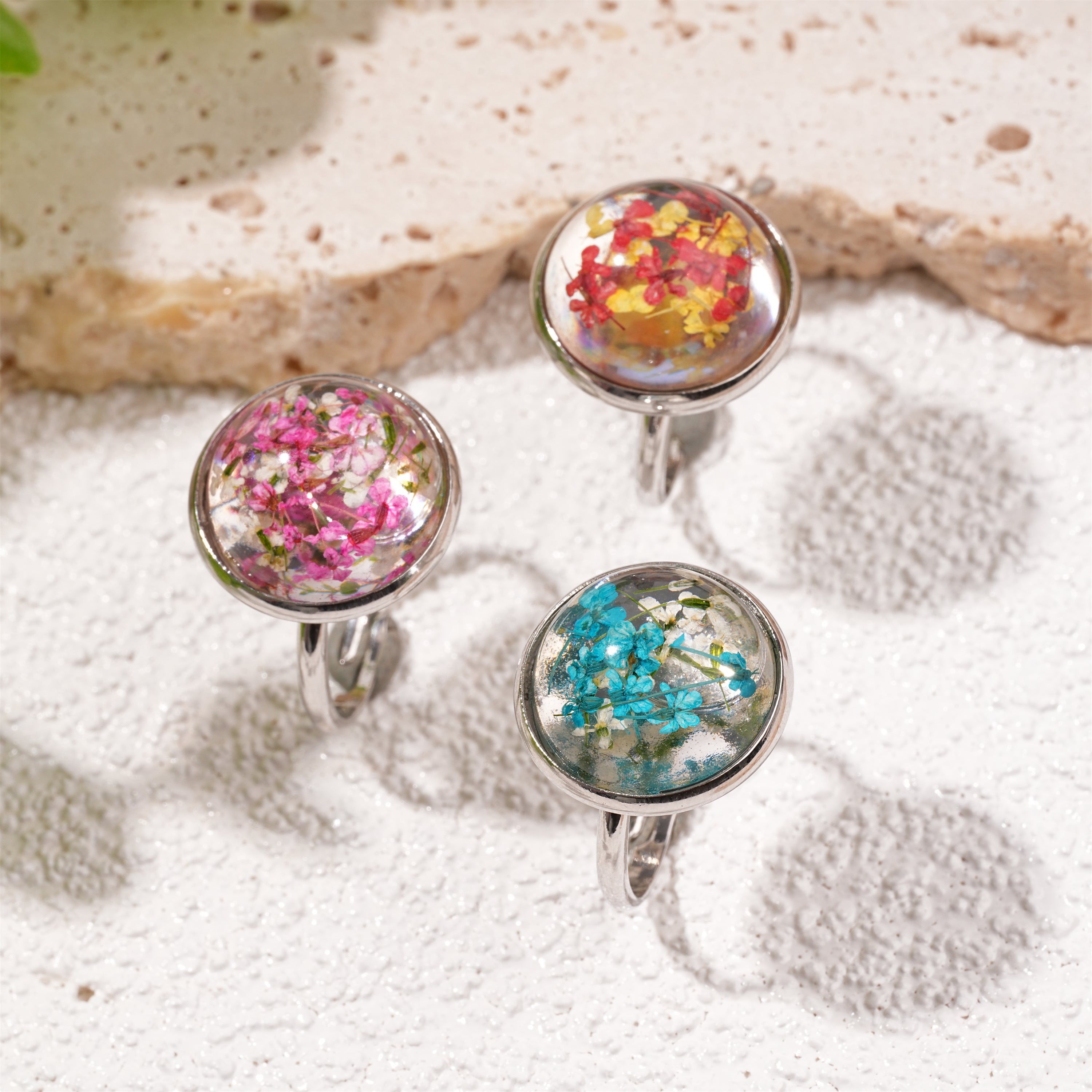 Red/Pink/Blue Floral Jewelry Ring, Dried Flower Ring