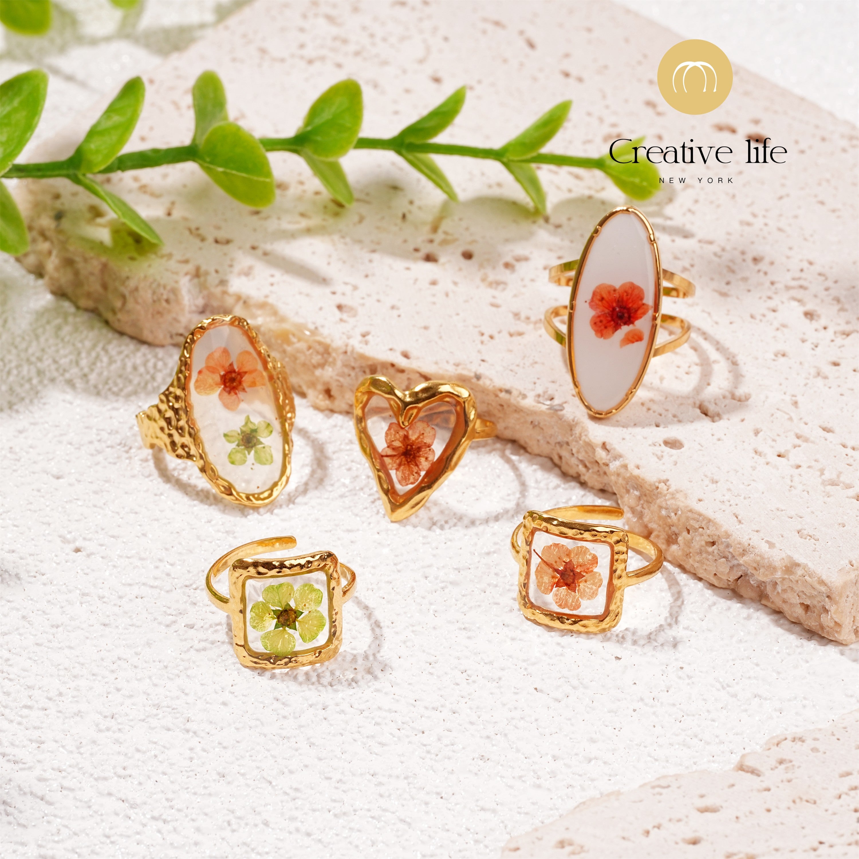 Heart/Square/Oval Shape Real Flower Resin Rings,Red/Green Floral Jewelry Ring