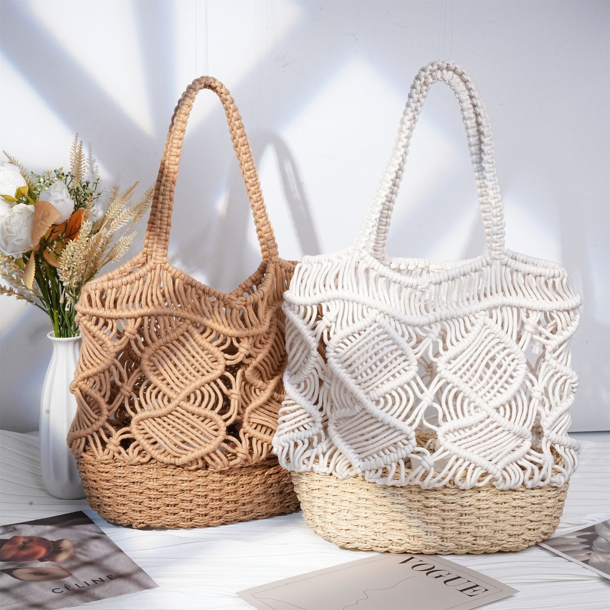 Straw Woven Bag,Hollow Holiday Vacation Cross-body Bag, Handmade Paper Rope Handbag for Party|Beach|Birthday|Wedding