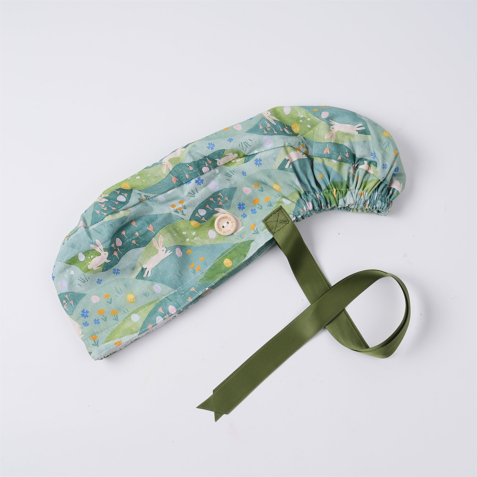 Green Floral Meadow Cotton Ponytail Scrub Cap
