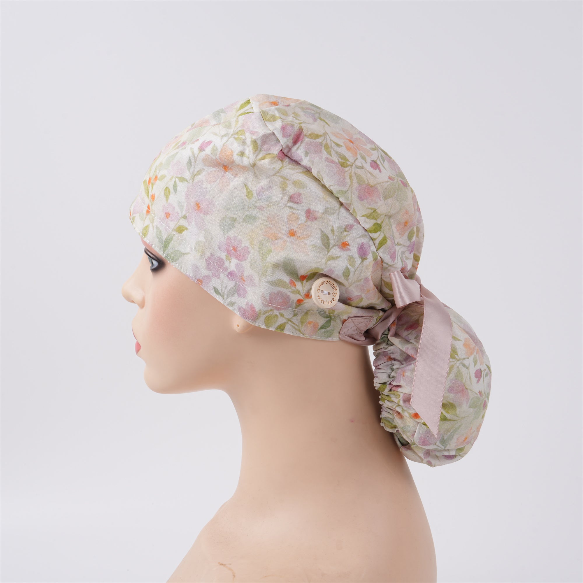 Apricot Watercolor Floral Cotton Ponytail Scrub Cap