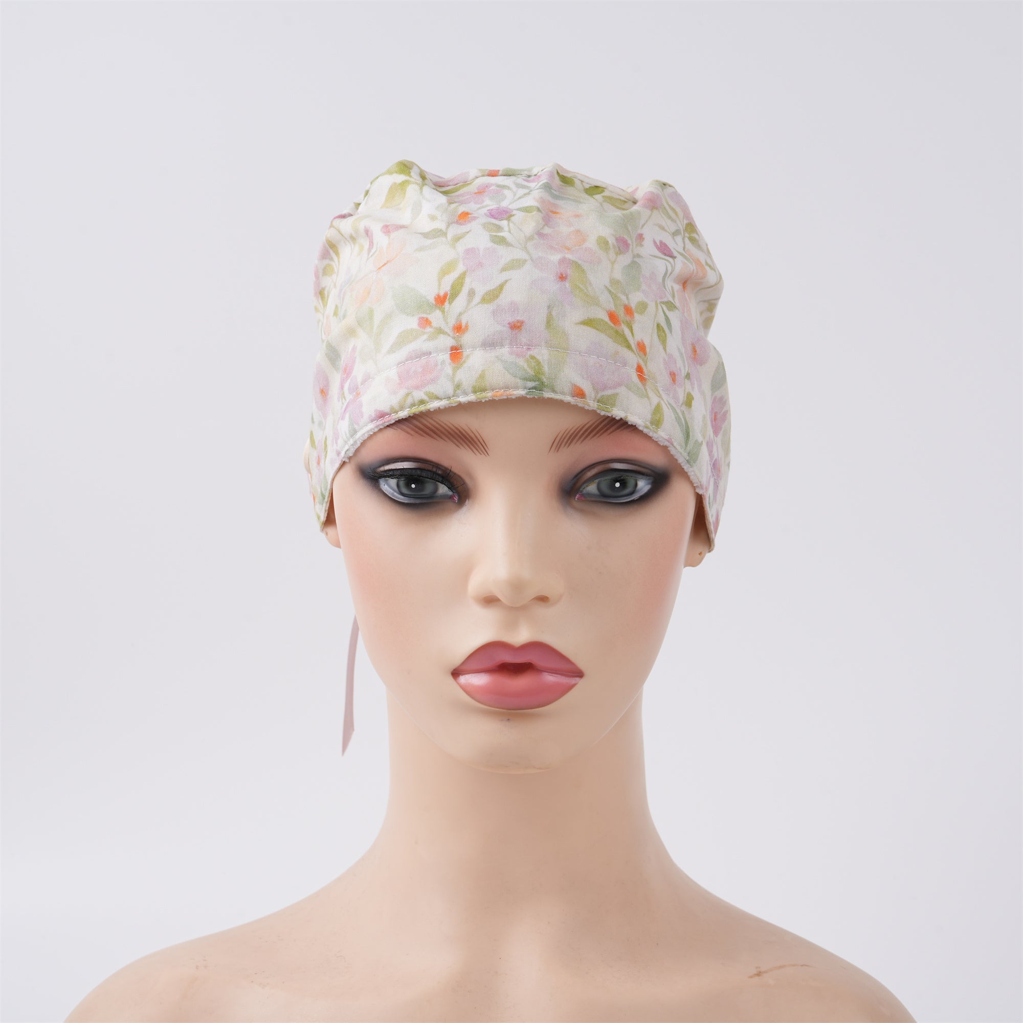 Apricot Watercolor Floral Cotton Ponytail Scrub Cap