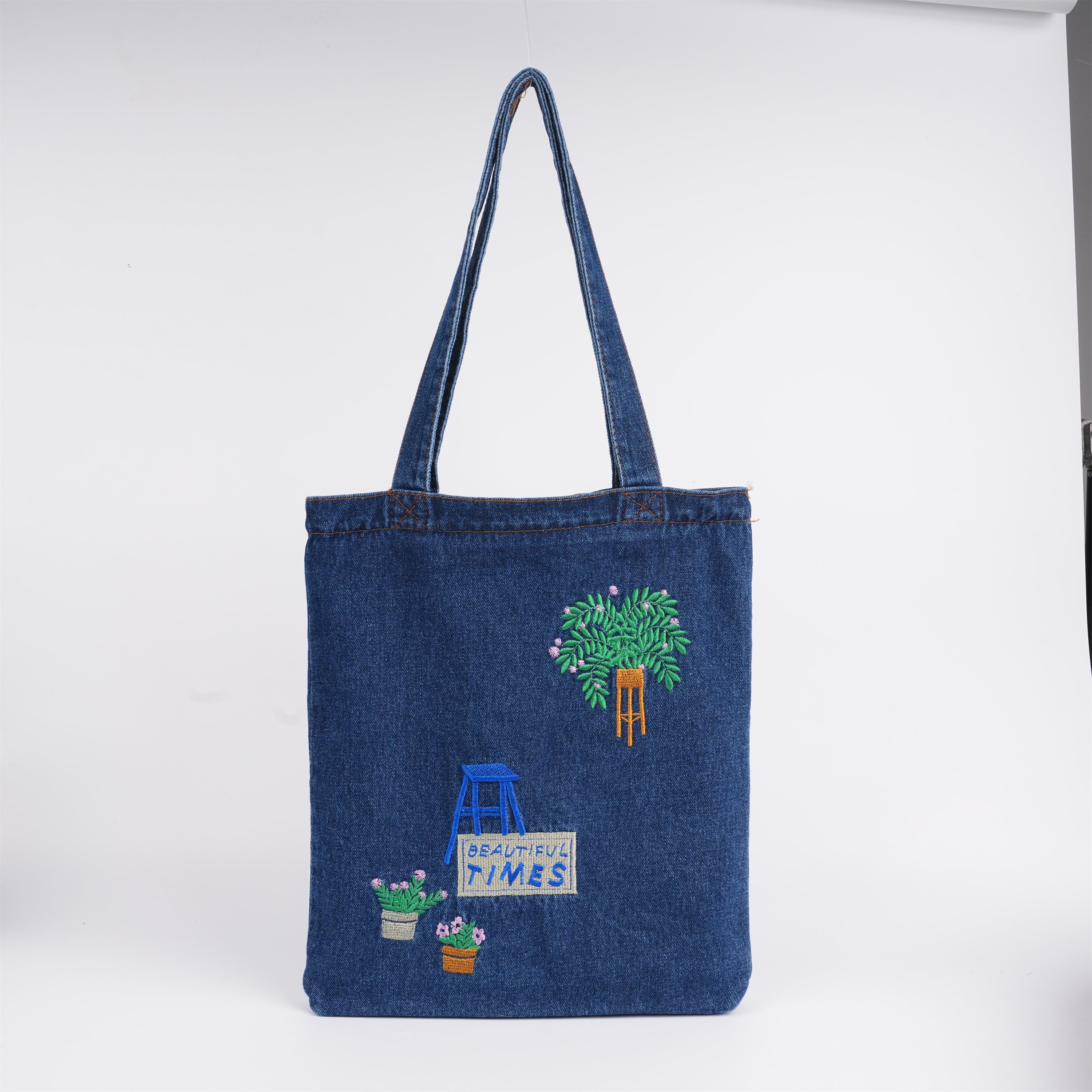 Embroidered Flowers Canvas Denim Bag, Shoulder Tote with Zipper&Pocket,Back to School