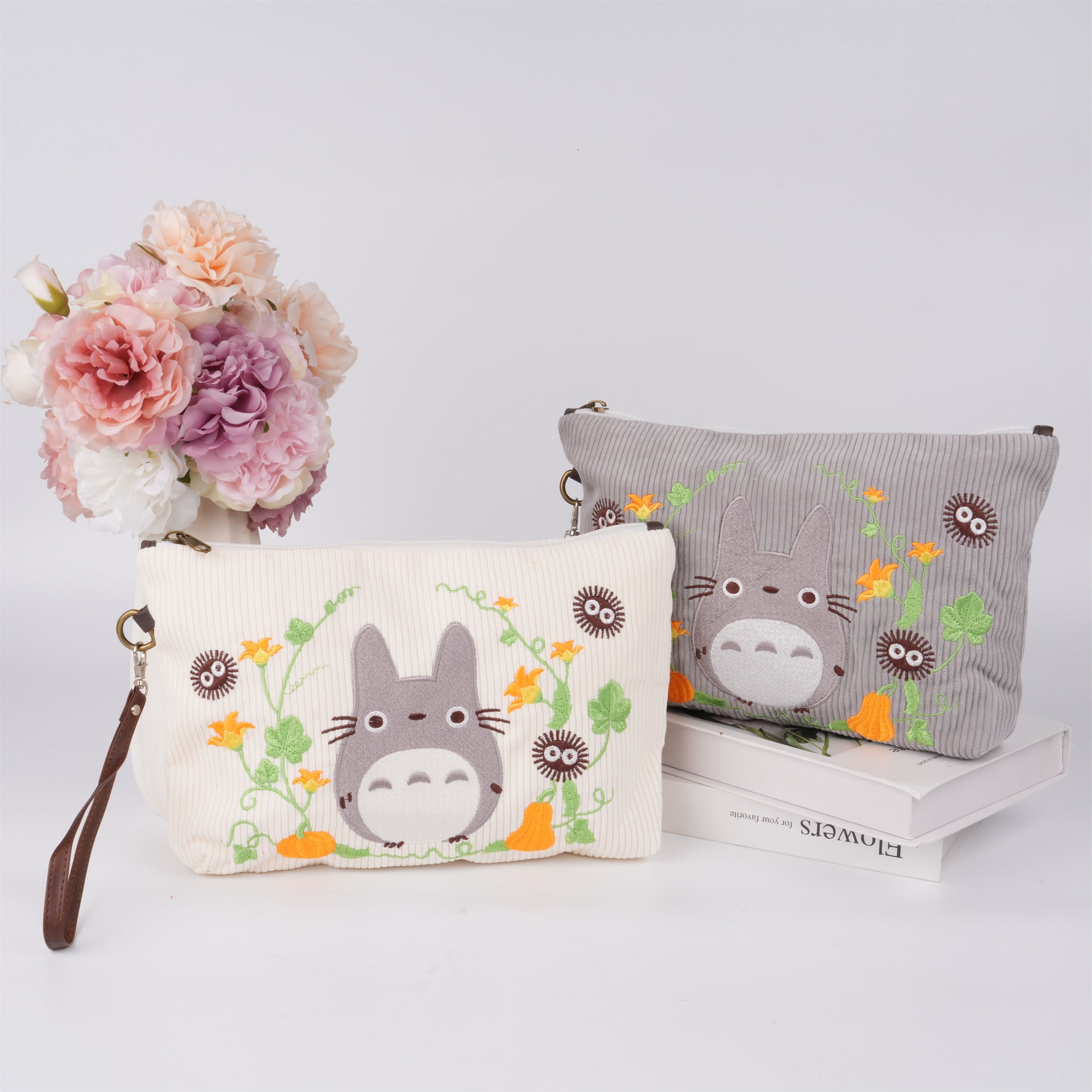Totoro&pumpkin flower Corduroy Kindle Bag,Cute Bag for Switch/Kindle, Ideal Gift for Miyazaki Fans & Birthday Gift