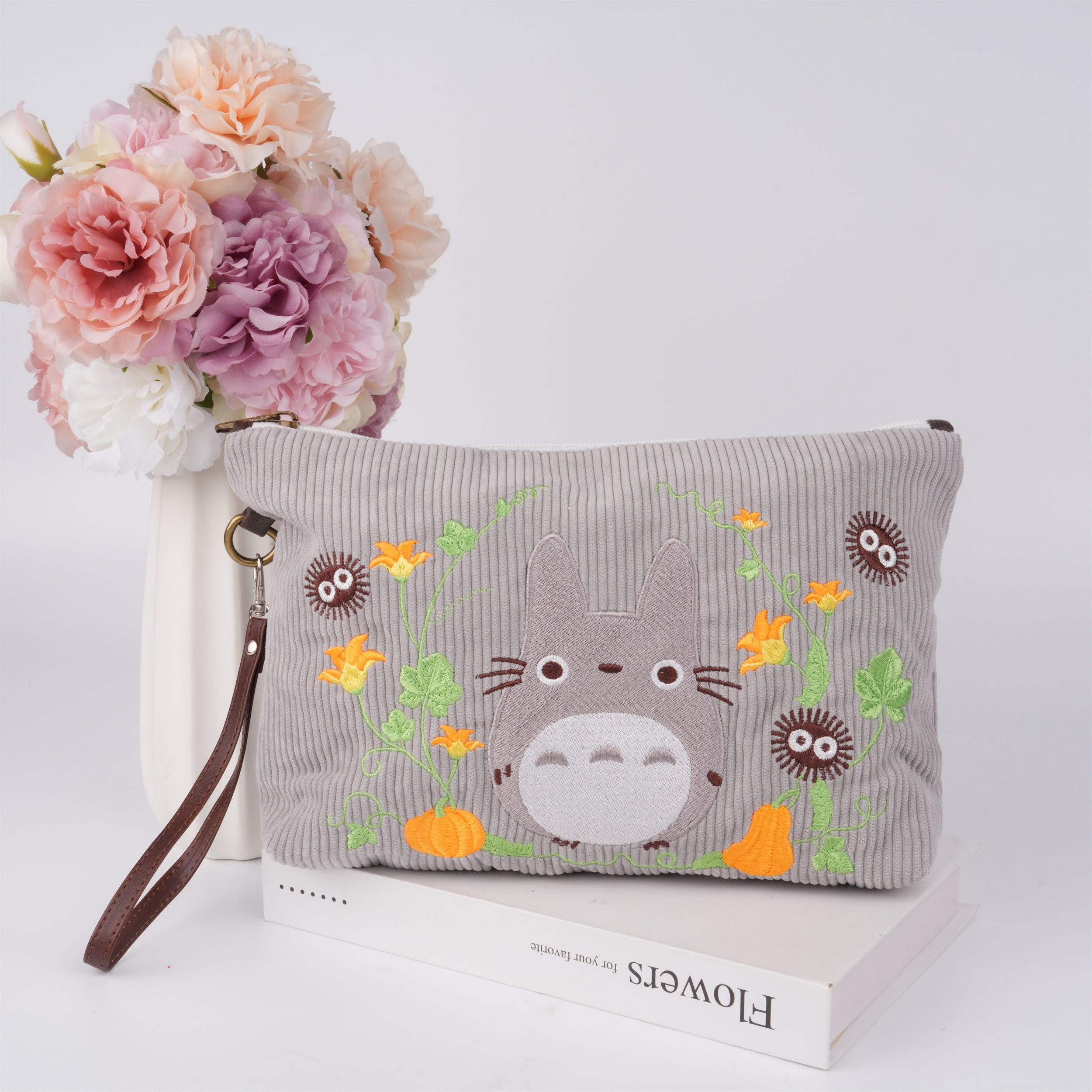 Totoro&pumpkin flower Corduroy Kindle Bag,Cute Bag for Switch/Kindle, Ideal Gift for Miyazaki Fans & Birthday Gift