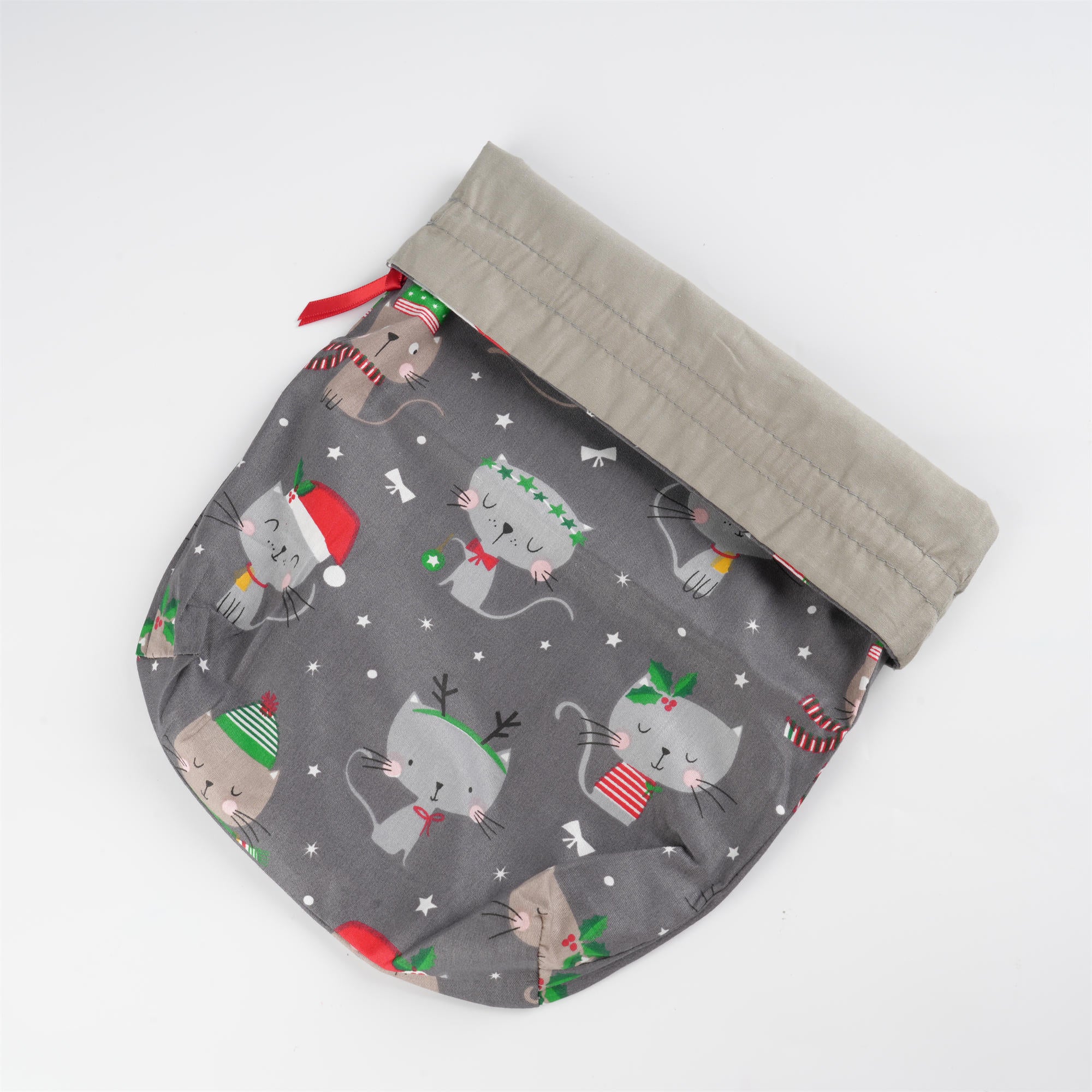 Grey Christmas Gift Bag,Cute Grey & Khaki Kitten with Christmas Hat,Premium Double Coton