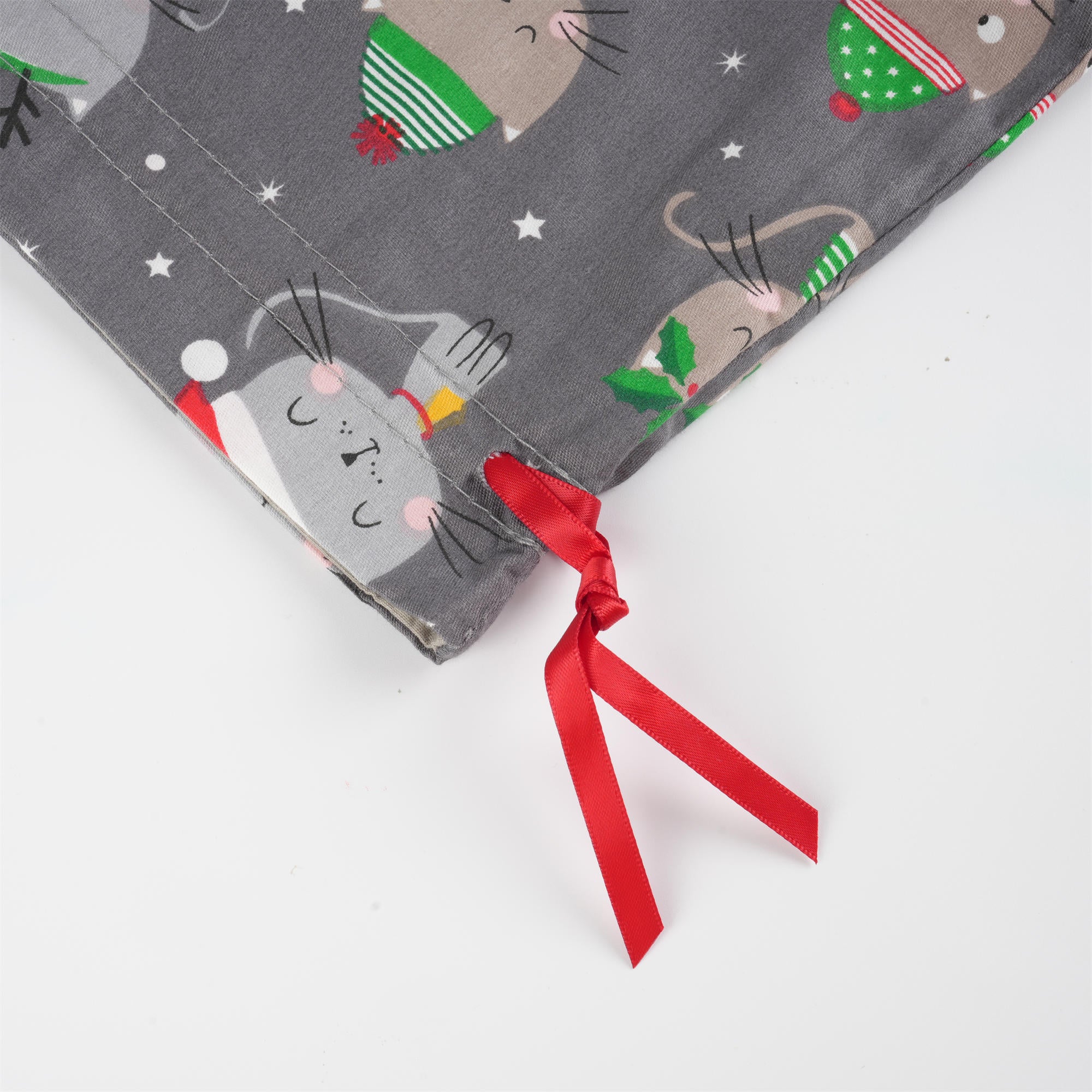 Grey Christmas Gift Bag,Cute Grey & Khaki Kitten with Christmas Hat,Premium Double Coton