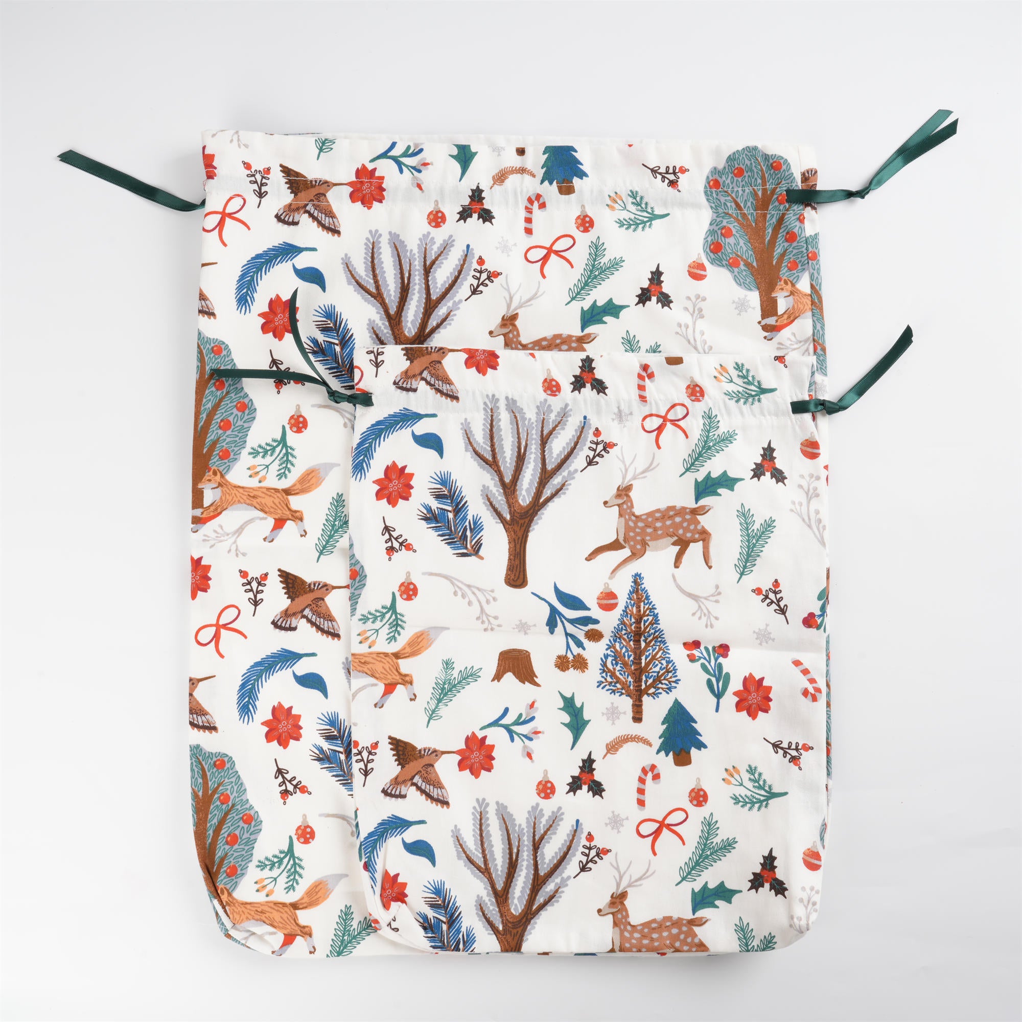 White Christmal Drawstring Gift Bag,Animal & Flowers Pattern,Etra Large Gift Wrapping