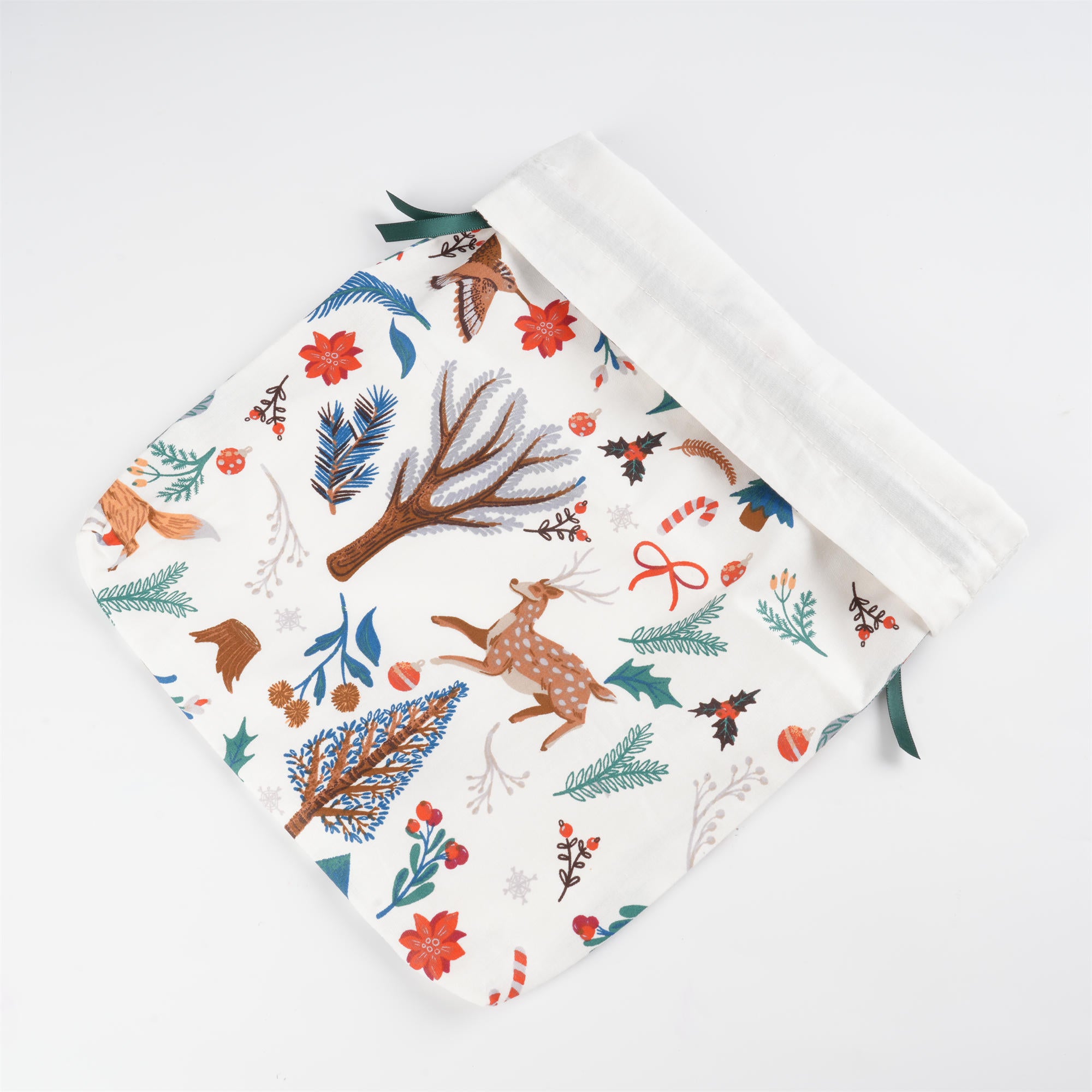 White Christmal Drawstring Gift Bag,Animal & Flowers Pattern,Etra Large Gift Wrapping