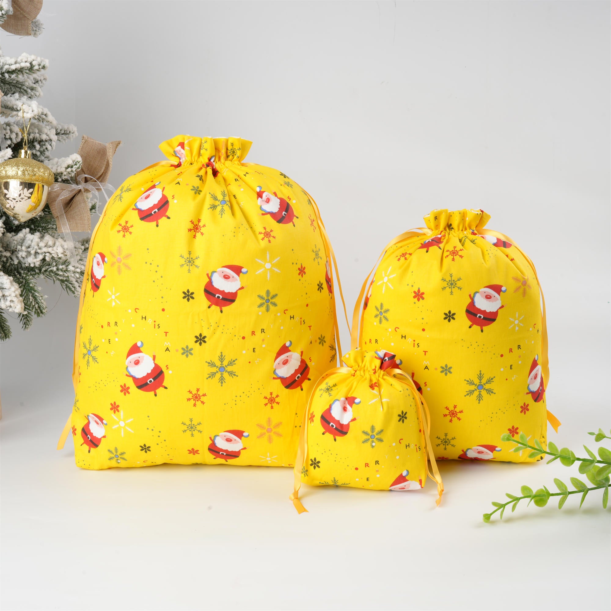 Yellow Christmas Gift Bag,Snata Claus,Snowflake Print,Xmas Sack