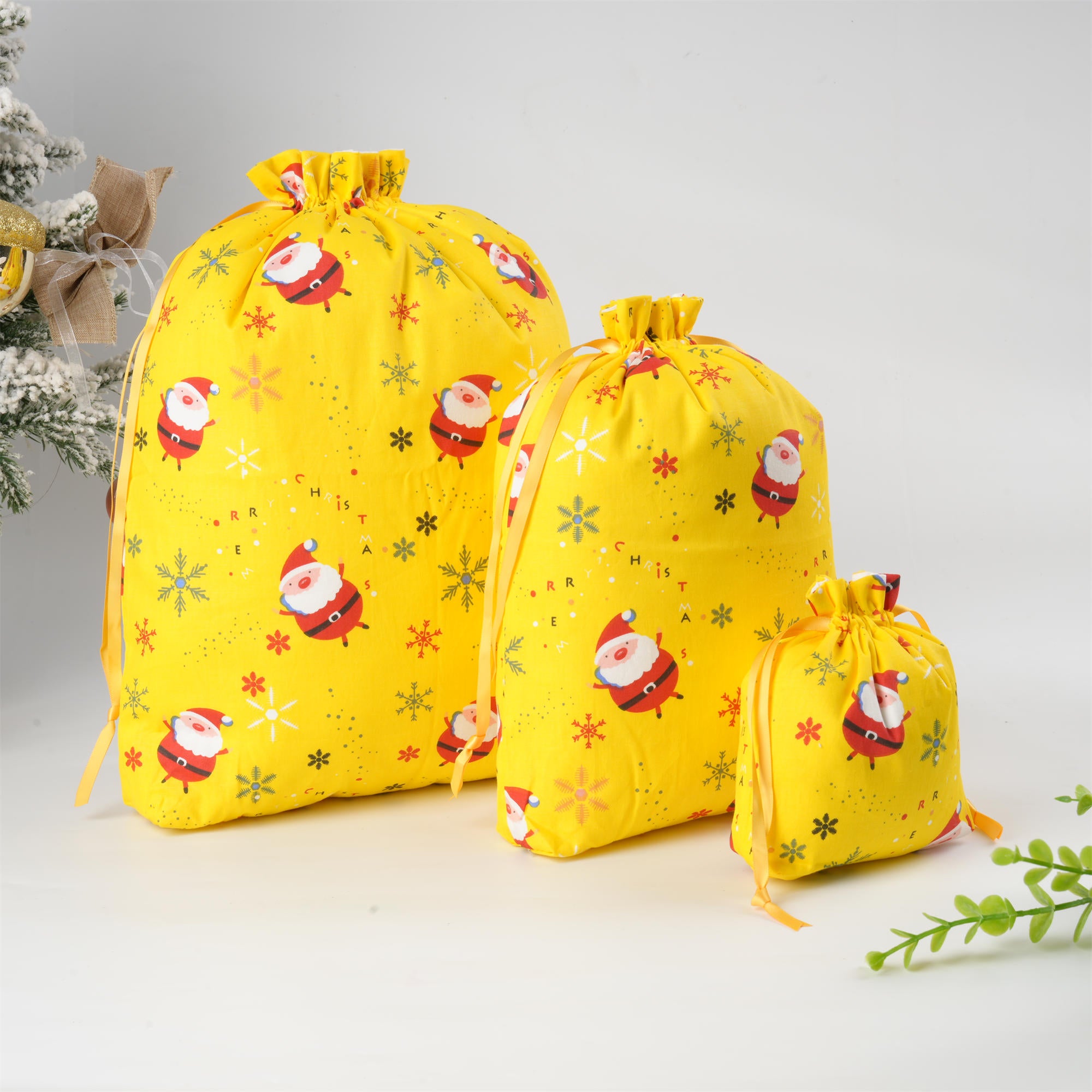 Yellow Christmas Gift Bag,Snata Claus,Snowflake Print,Xmas Sack