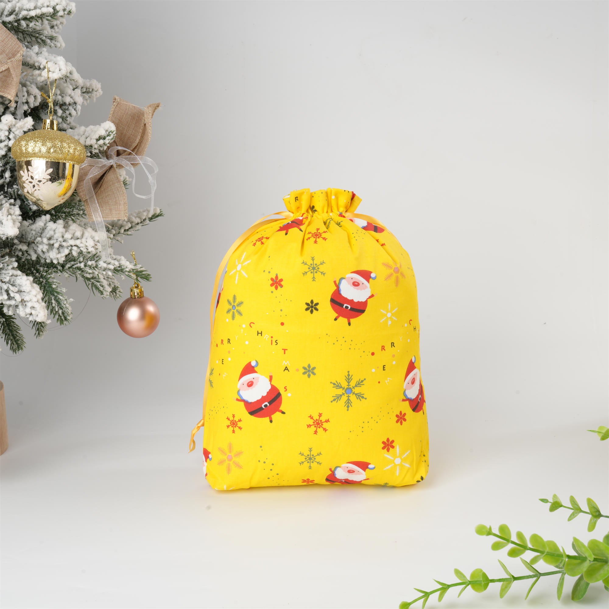 Yellow Christmas Gift Bag,Snata Claus,Snowflake Print,Xmas Sack