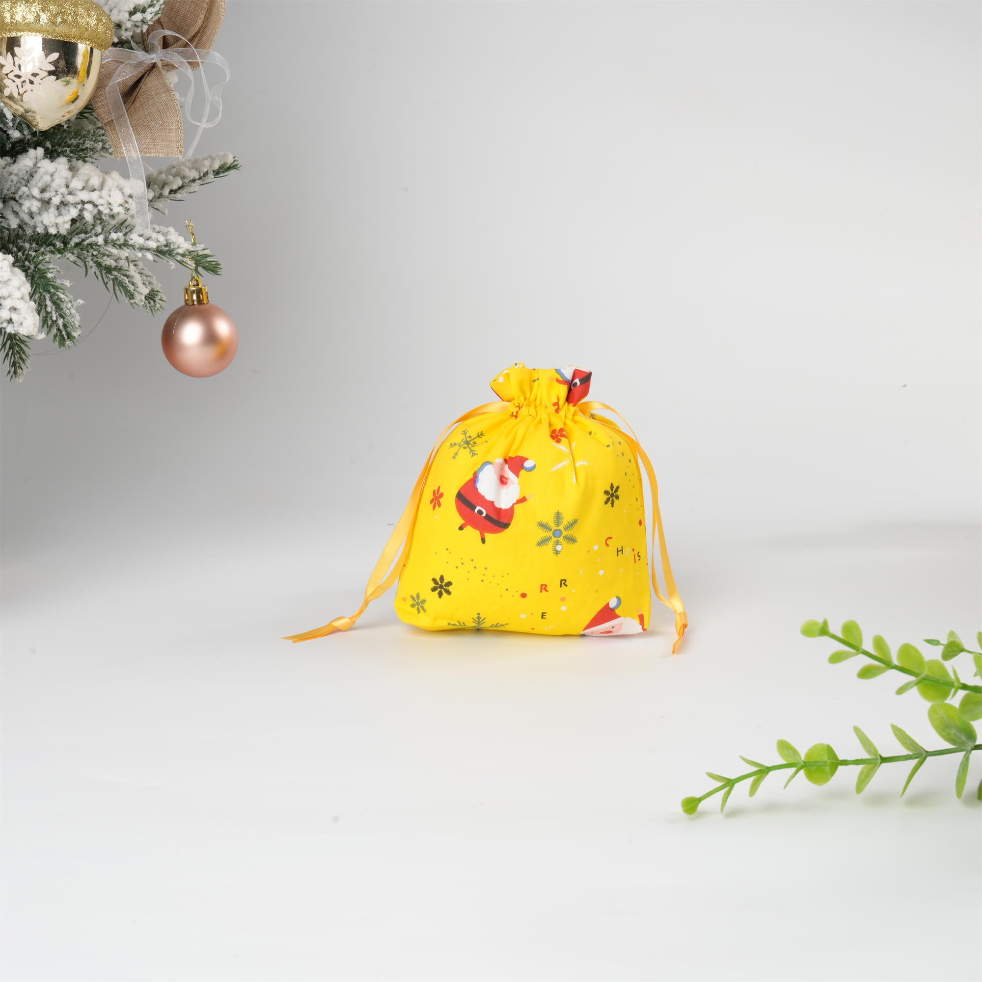 Yellow Christmas Gift Bag,Snata Claus,Snowflake Print,Xmas Sack