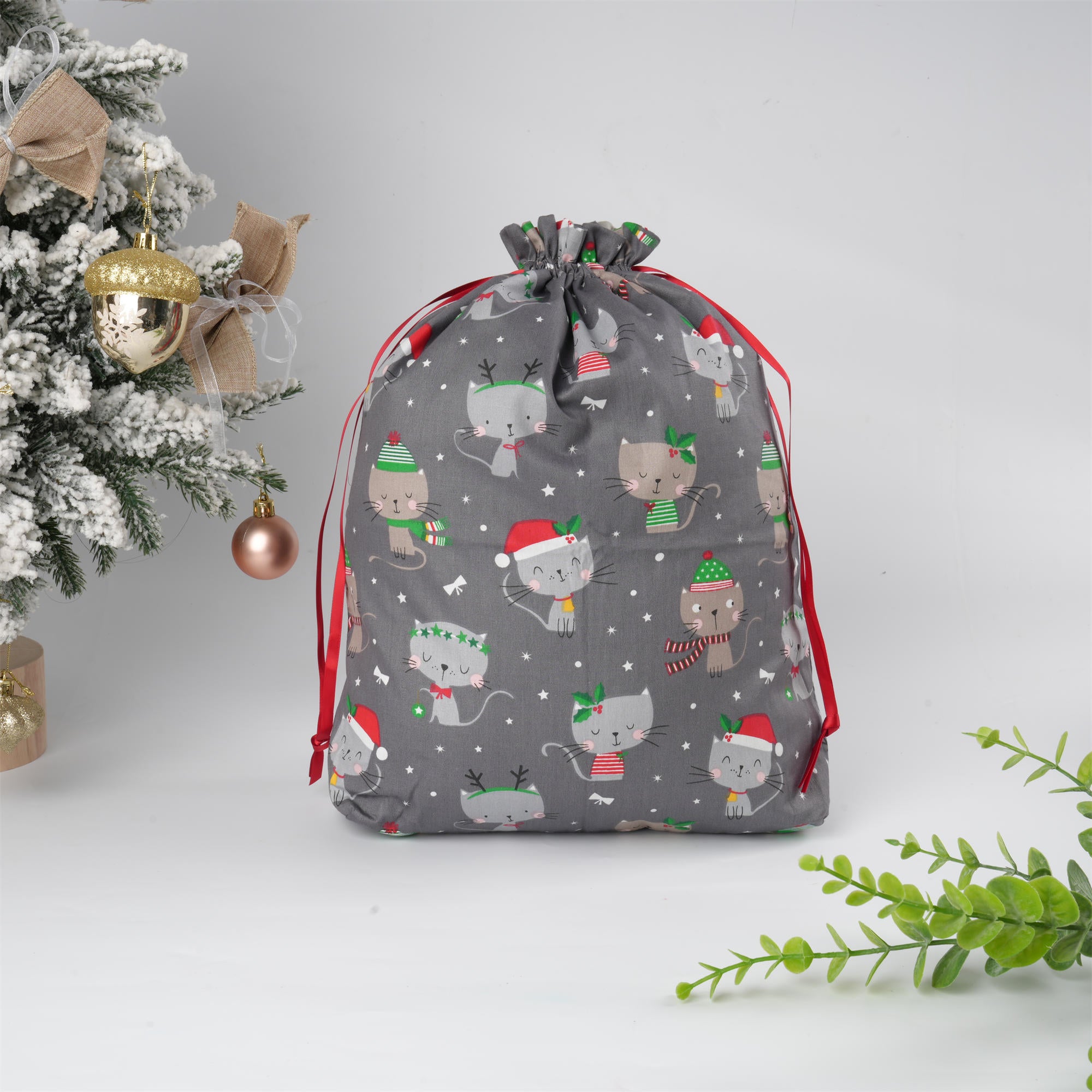 Grey Christmas Gift Bag,Cute Grey & Khaki Kitten with Christmas Hat,Premium Double Coton