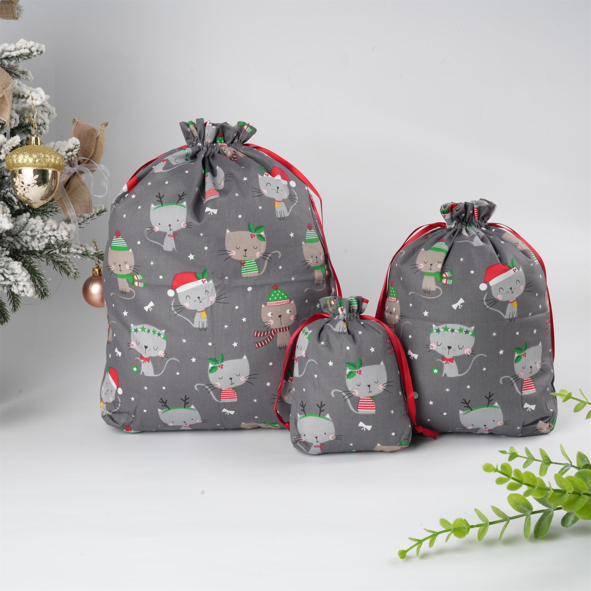 Grey Christmas Gift Bag,Cute Grey & Khaki Kitten with Christmas Hat,Premium Double Coton