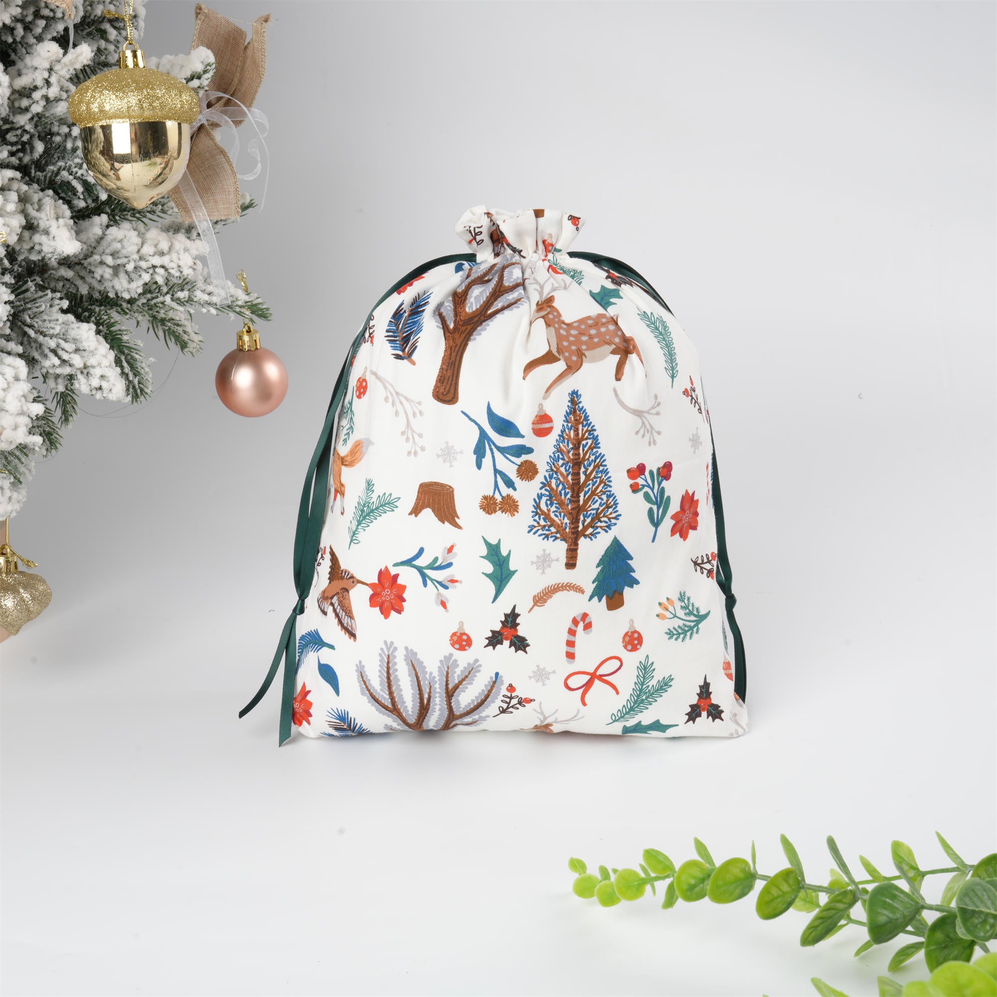 White Christmal Drawstring Gift Bag,Animal & Flowers Pattern
