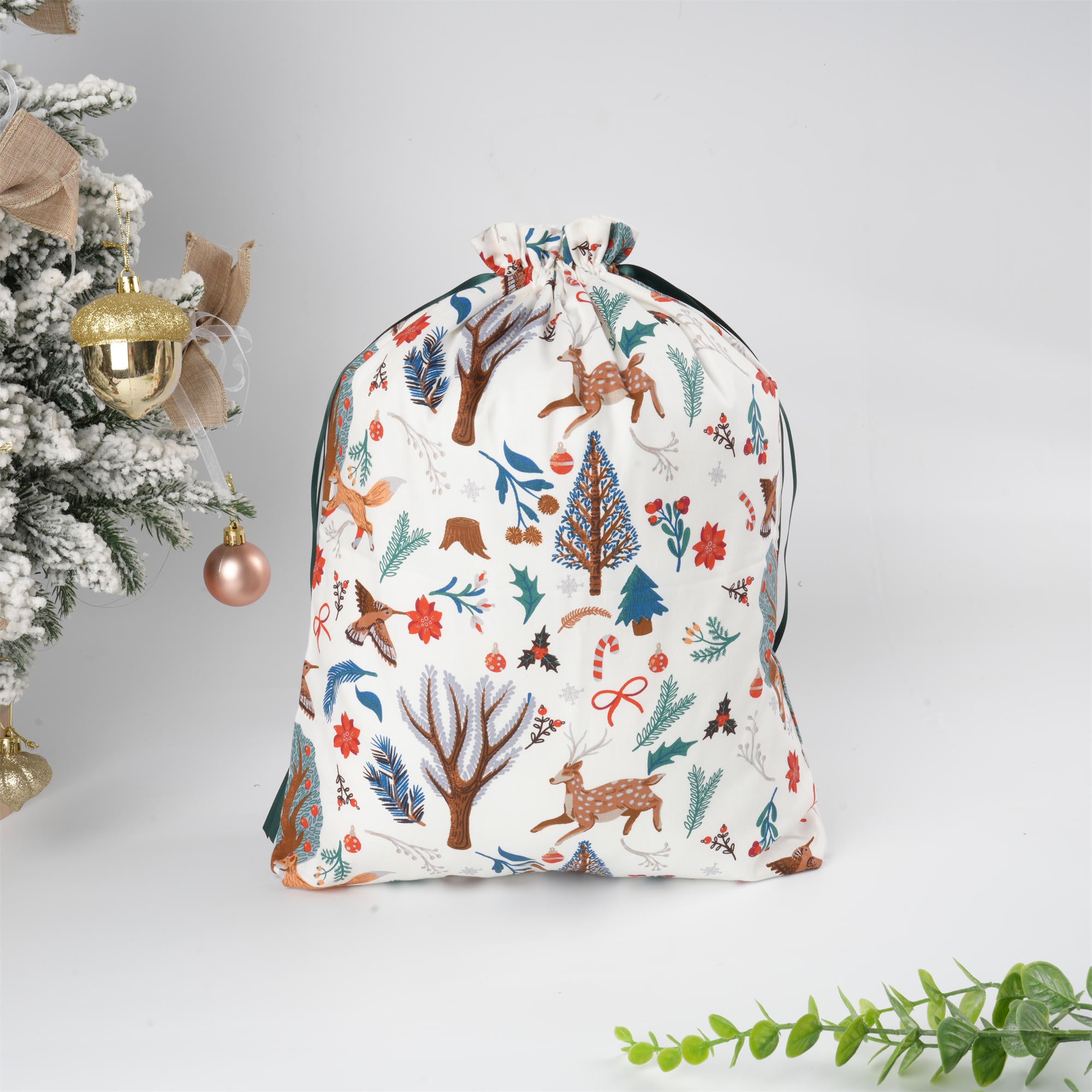 White Christmal Drawstring Gift Bag,Animal & Flowers Pattern