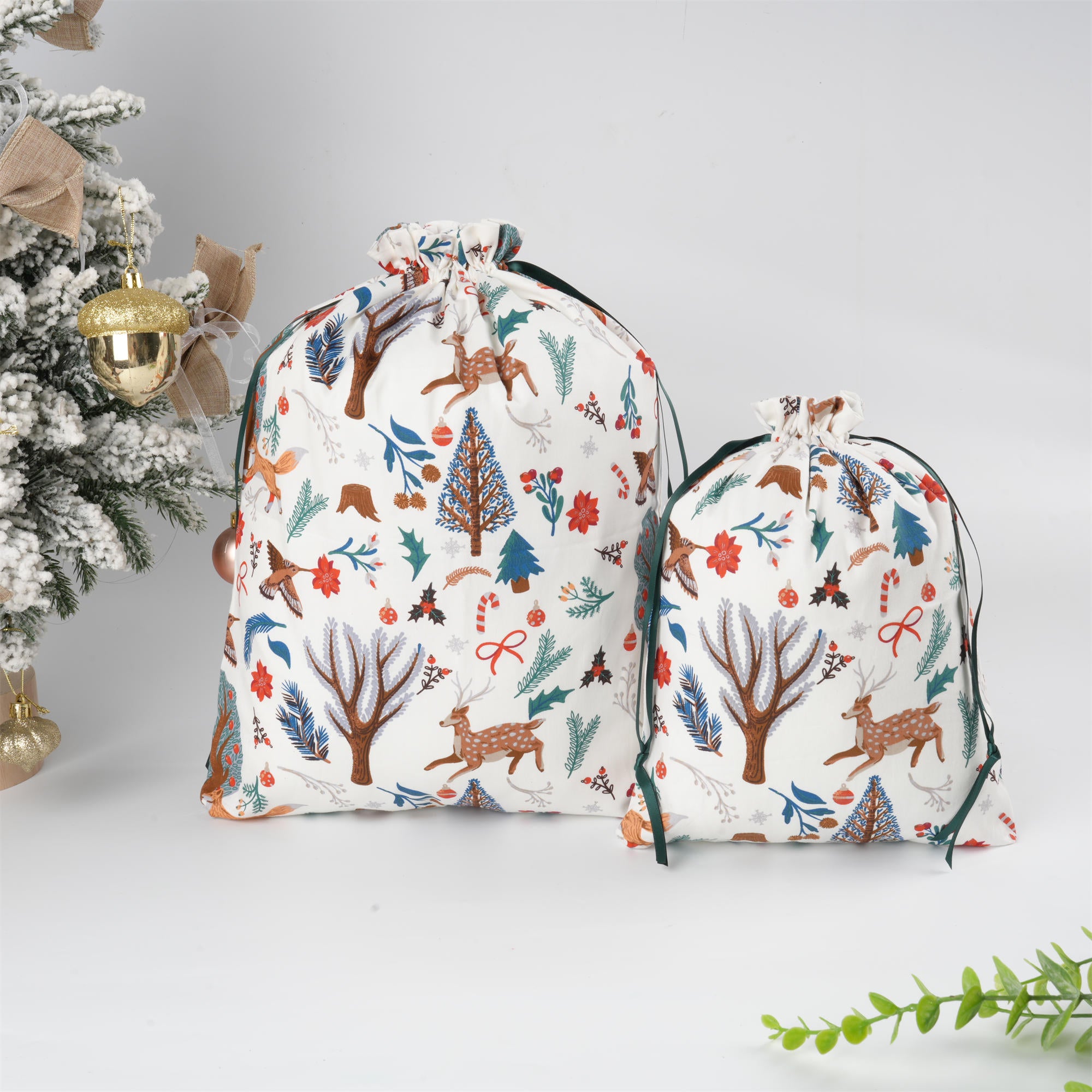 White Christmal Drawstring Gift Bag,Animal & Flowers Pattern