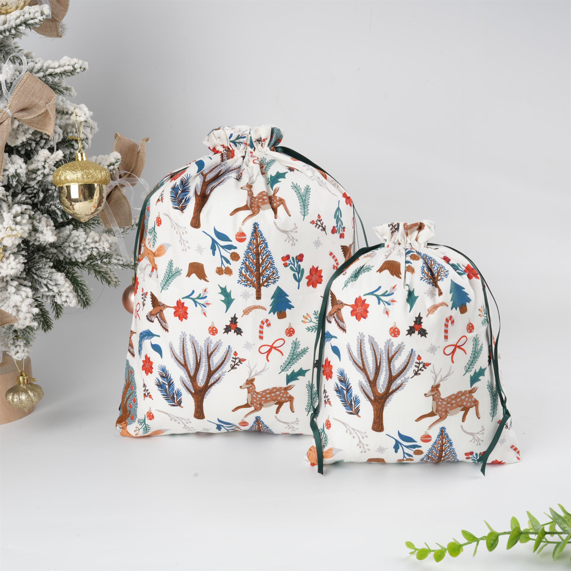 White Christmal Drawstring Gift Bag,Animal & Flowers Pattern,Etra Large Gift Wrapping