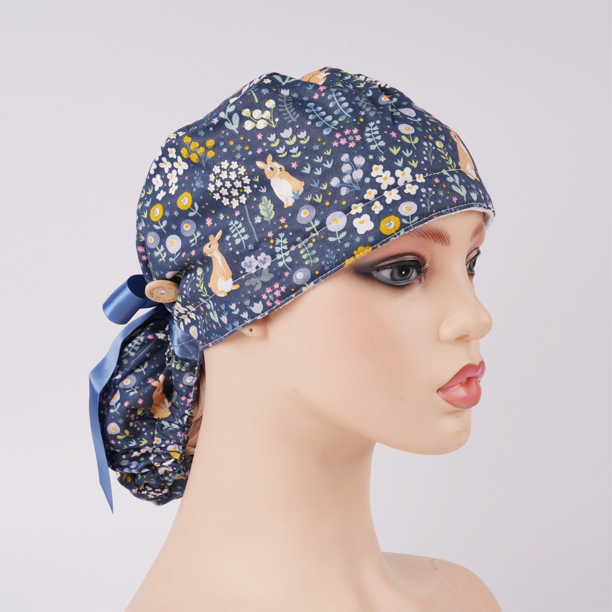 Navy Bunny Cotton Ponytail Scrub Cap