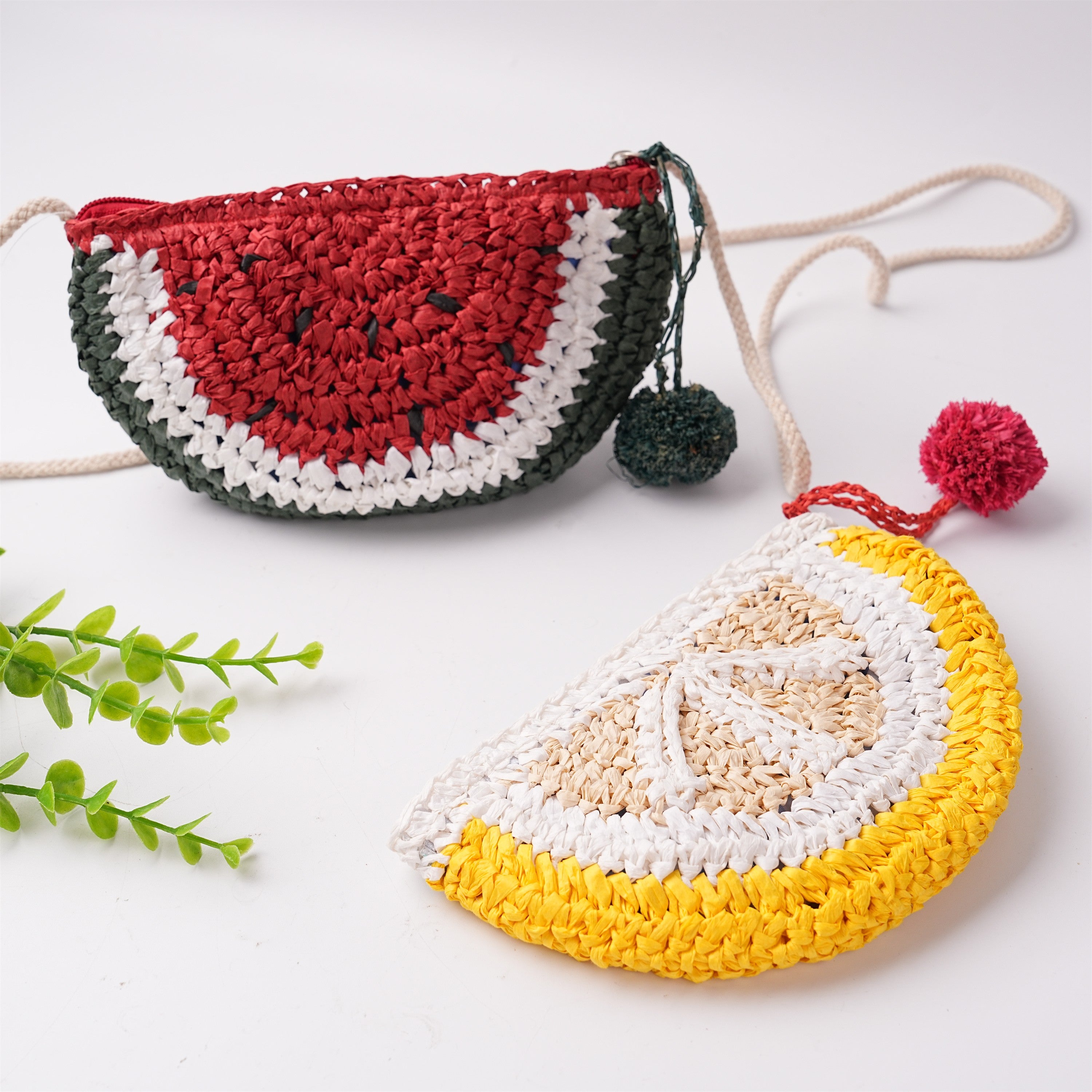 Women's Straw Woven Handbag,Watermelon & Lemon Design,Cute Cosmetic Bag for All Occasions