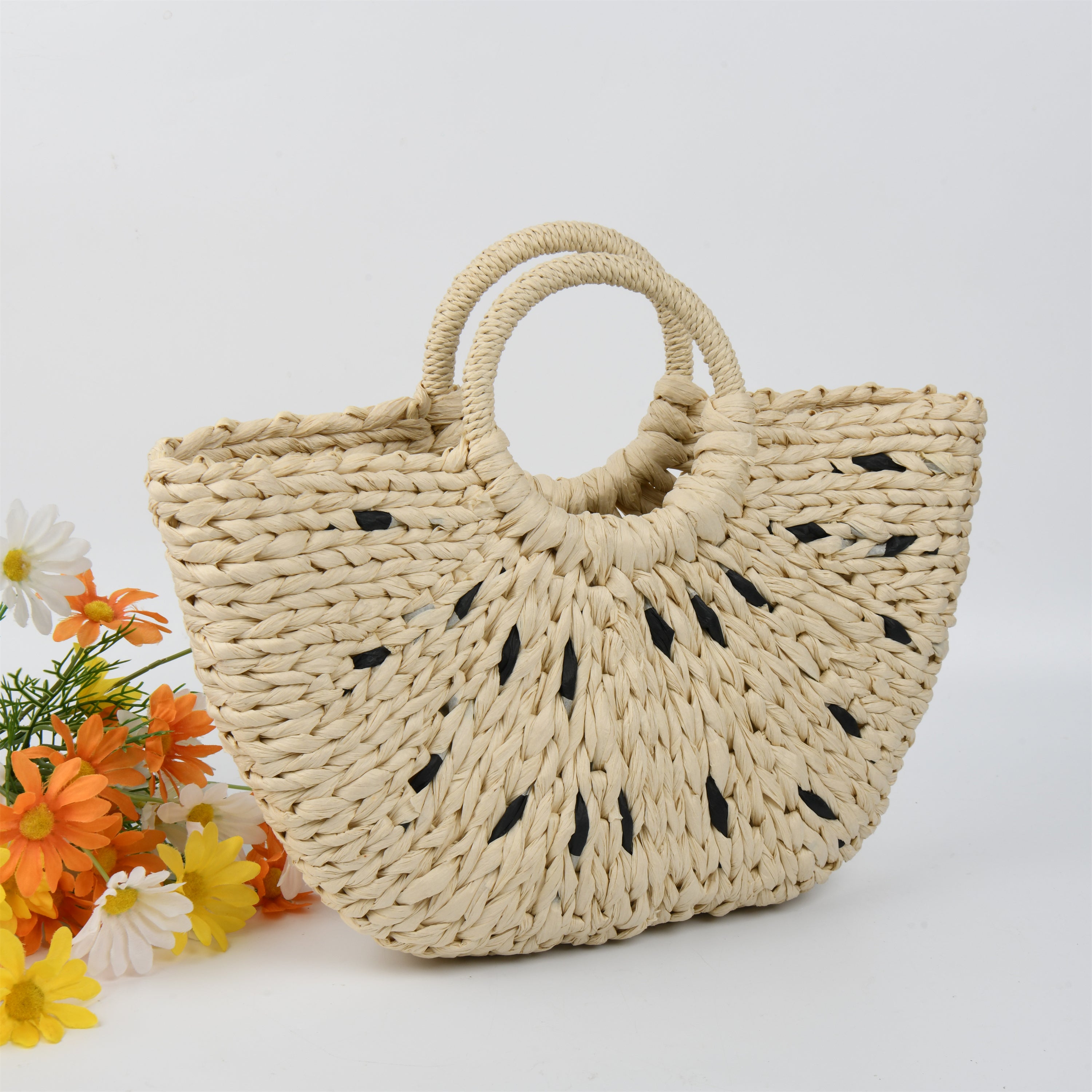 Yellow Half Moon Straw Bag, Summer Vacation Beach Paper Rope Basket Bag, Tote for Party|Beach|Birthday|Wedding