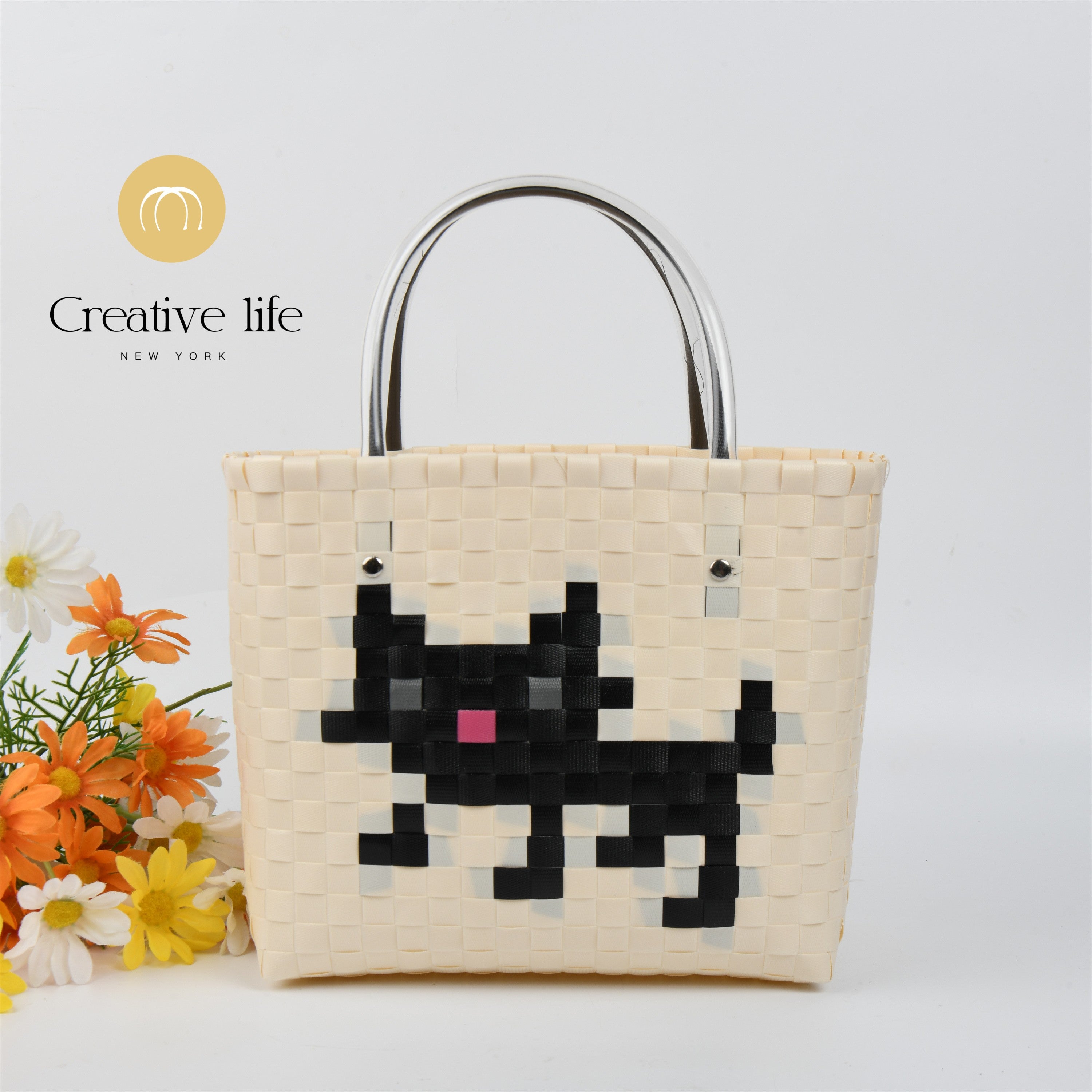 Pixel Black Cat Basket,Large PP Handbag,Cute Square Totes