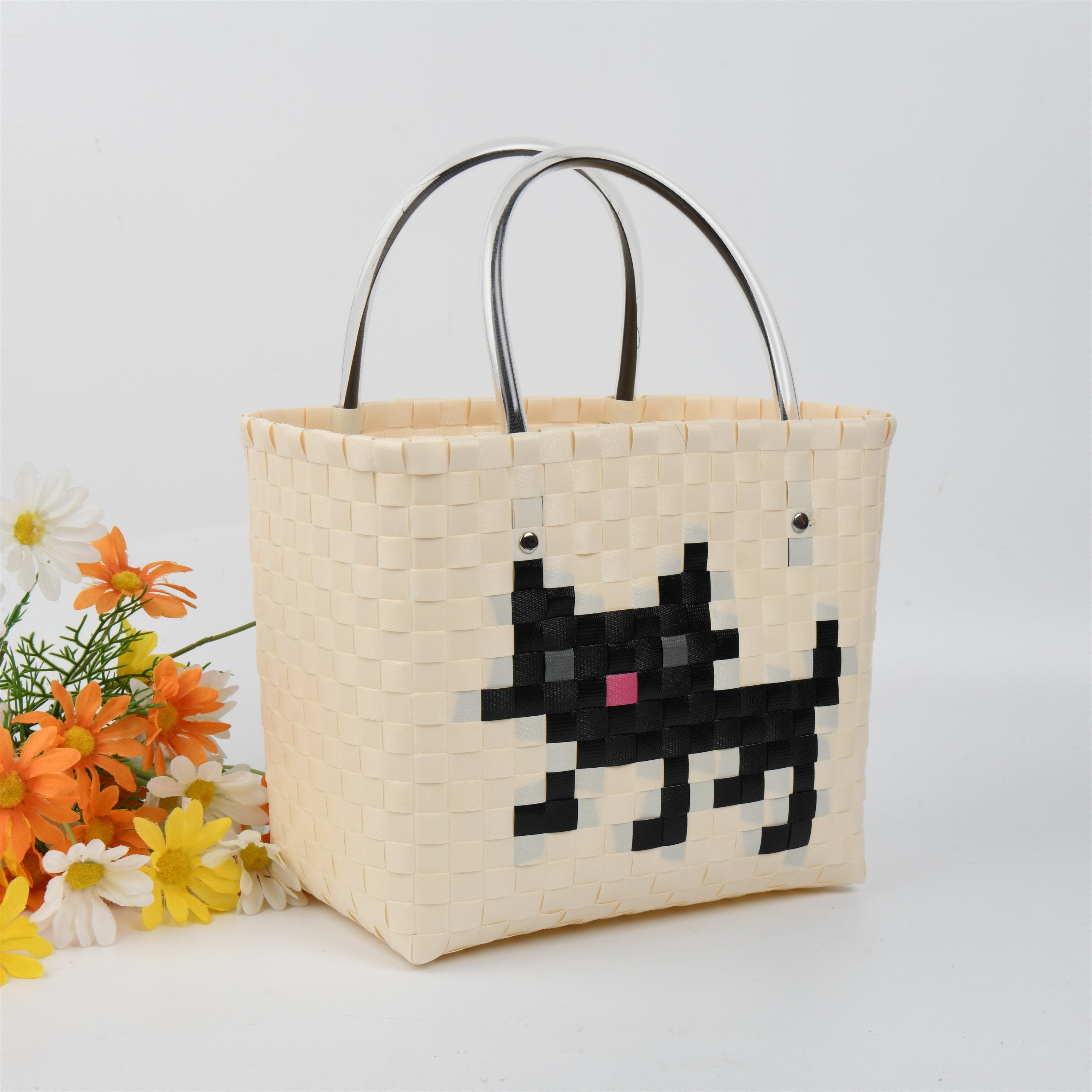 Pixel Black Cat Basket,Large PP Handbag,Cute Square Totes