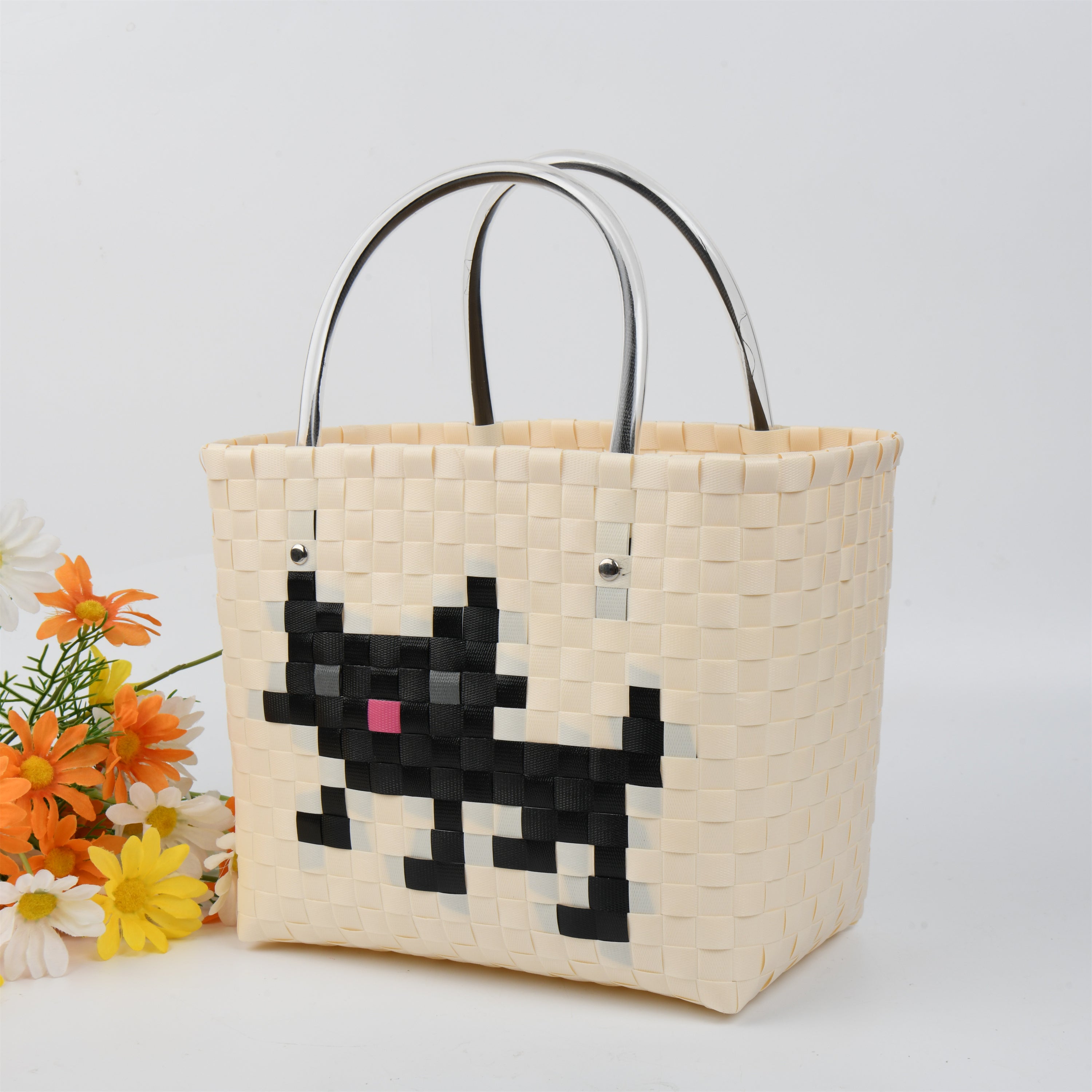 Pixel Black Cat Basket,Large PP Handbag,Cute Square Totes