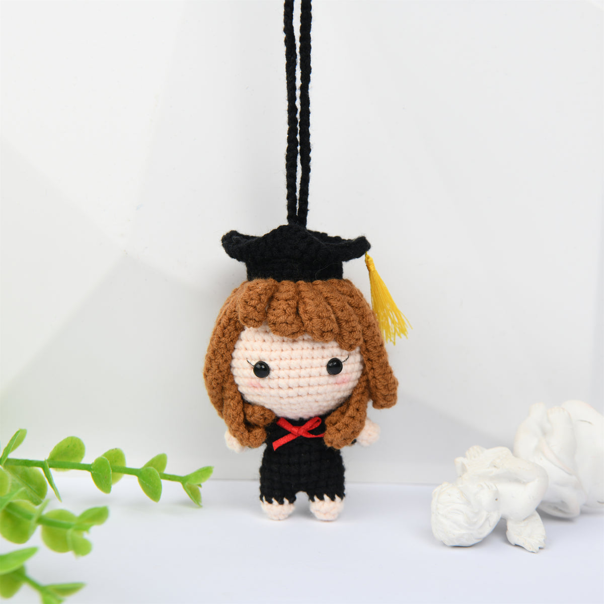 Cute Crochet Graduation Doll Pendant with Cap,Black/Brown Hair