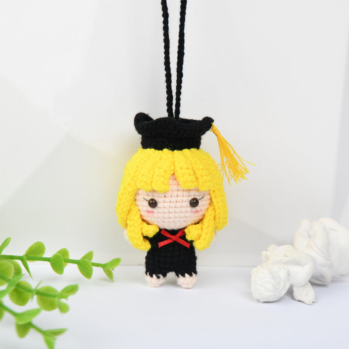 Yellow Hair Crochet Graduation Doll Car Mirror Pendant