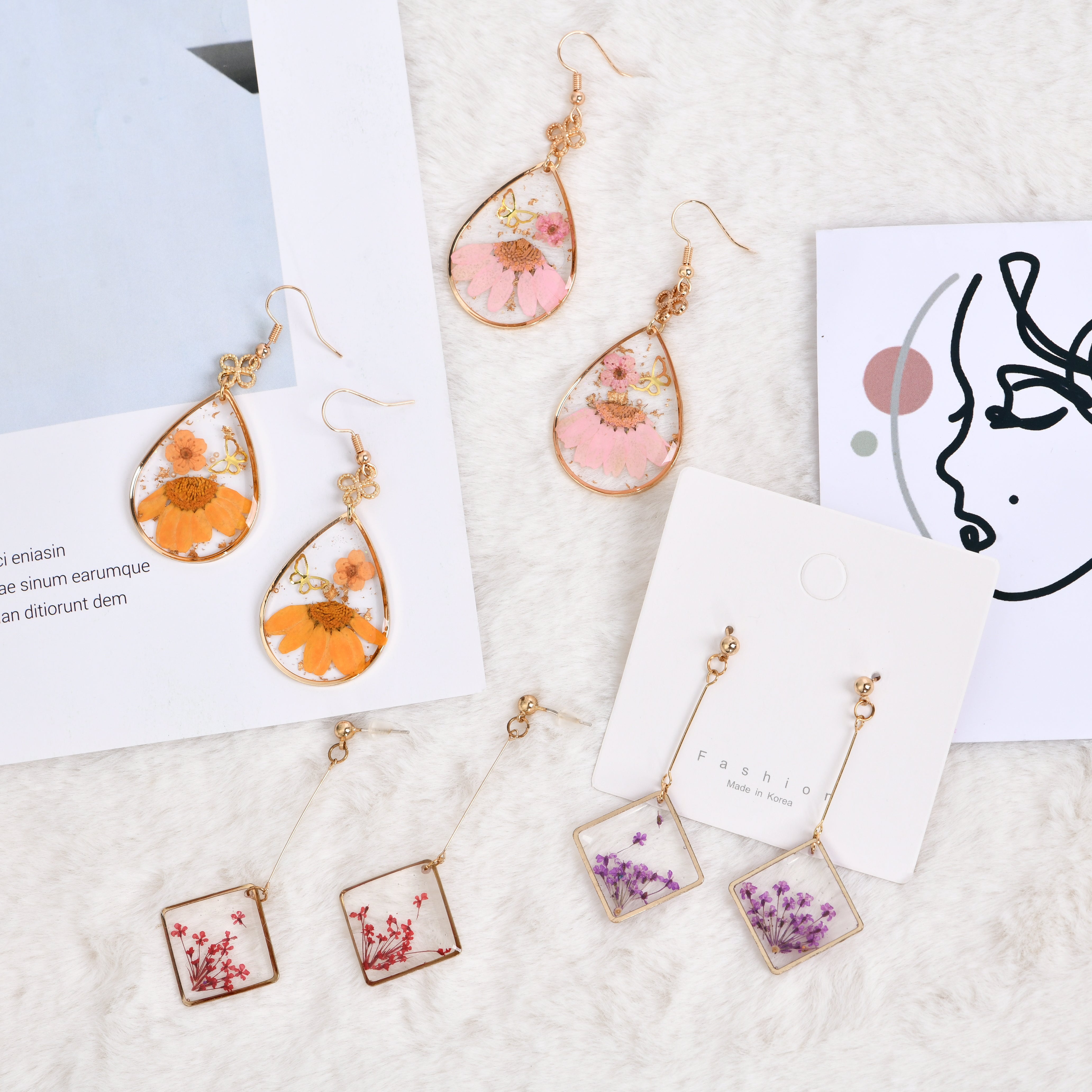 Orange/Pink Real Flower Resin Daisy Drop Earrings for Women, Pressed Floral Jewelry