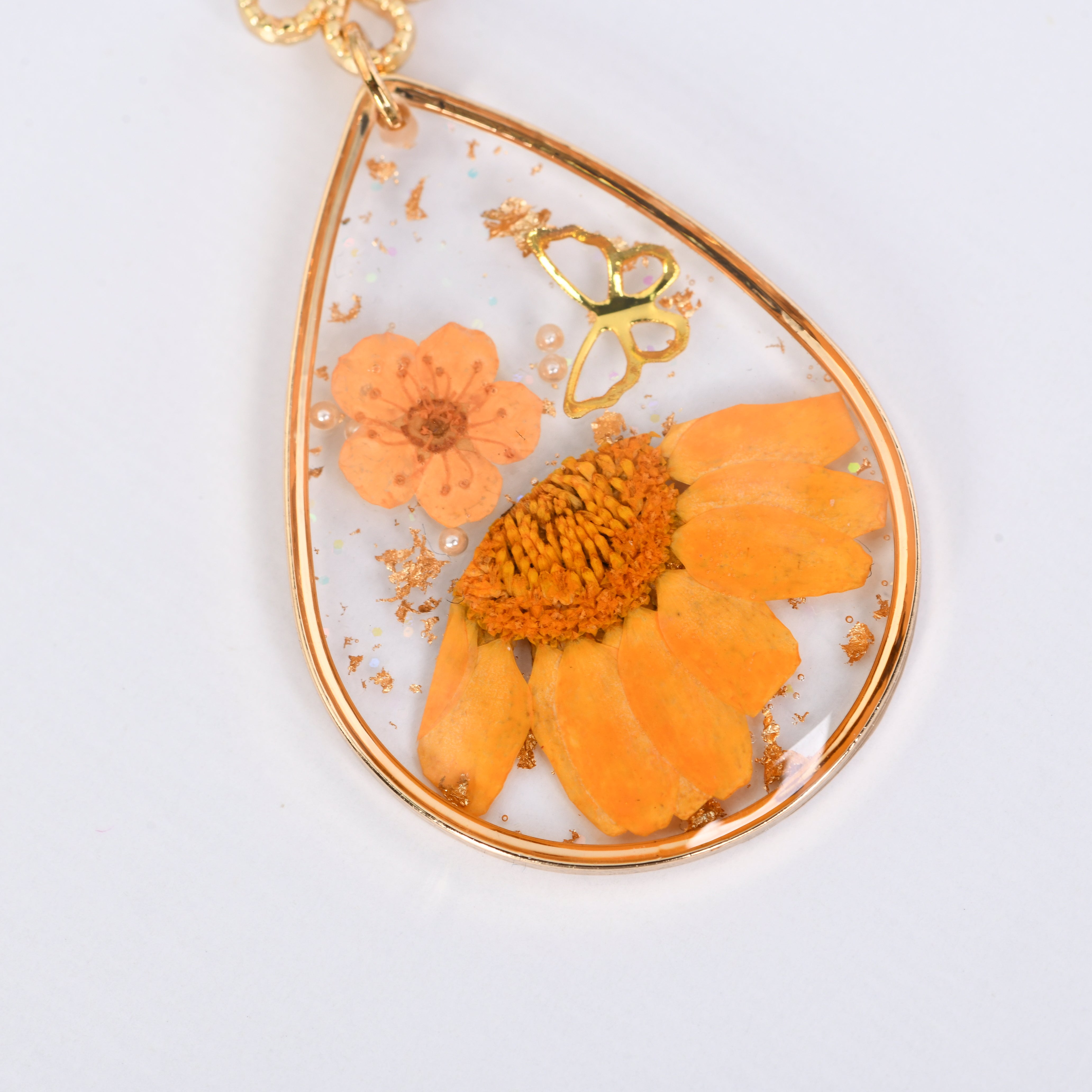 Orange/Pink Real Flower Resin Daisy Drop Earrings for Women, Pressed Floral Jewelry