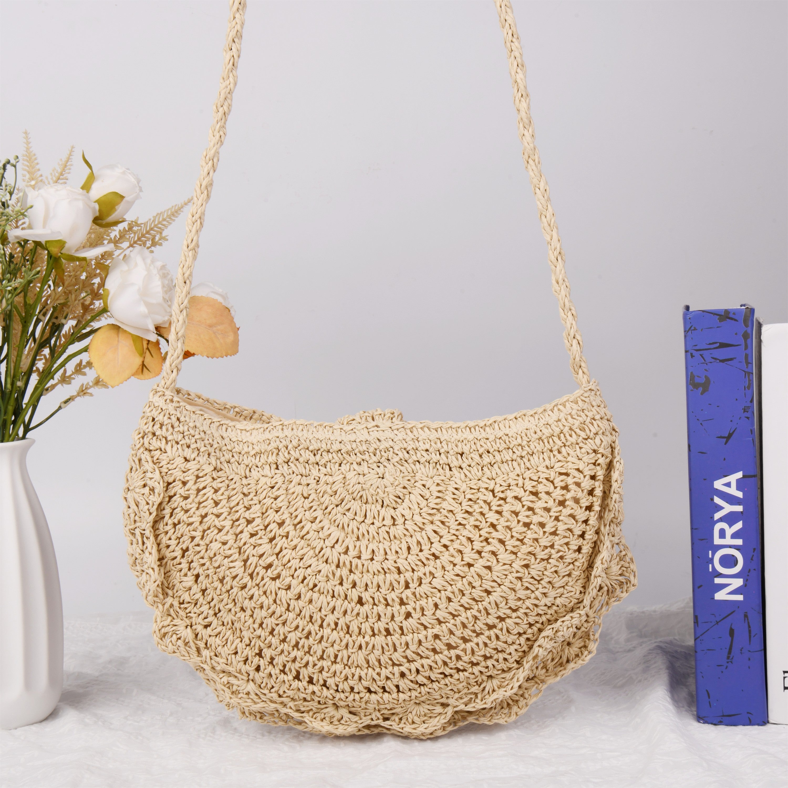 Straw Woven Bag,Hollow Holiday Vacation Cross-body Bag, Handmade Paper Rope Handbag for Party|Beach|Birthday|Wedding