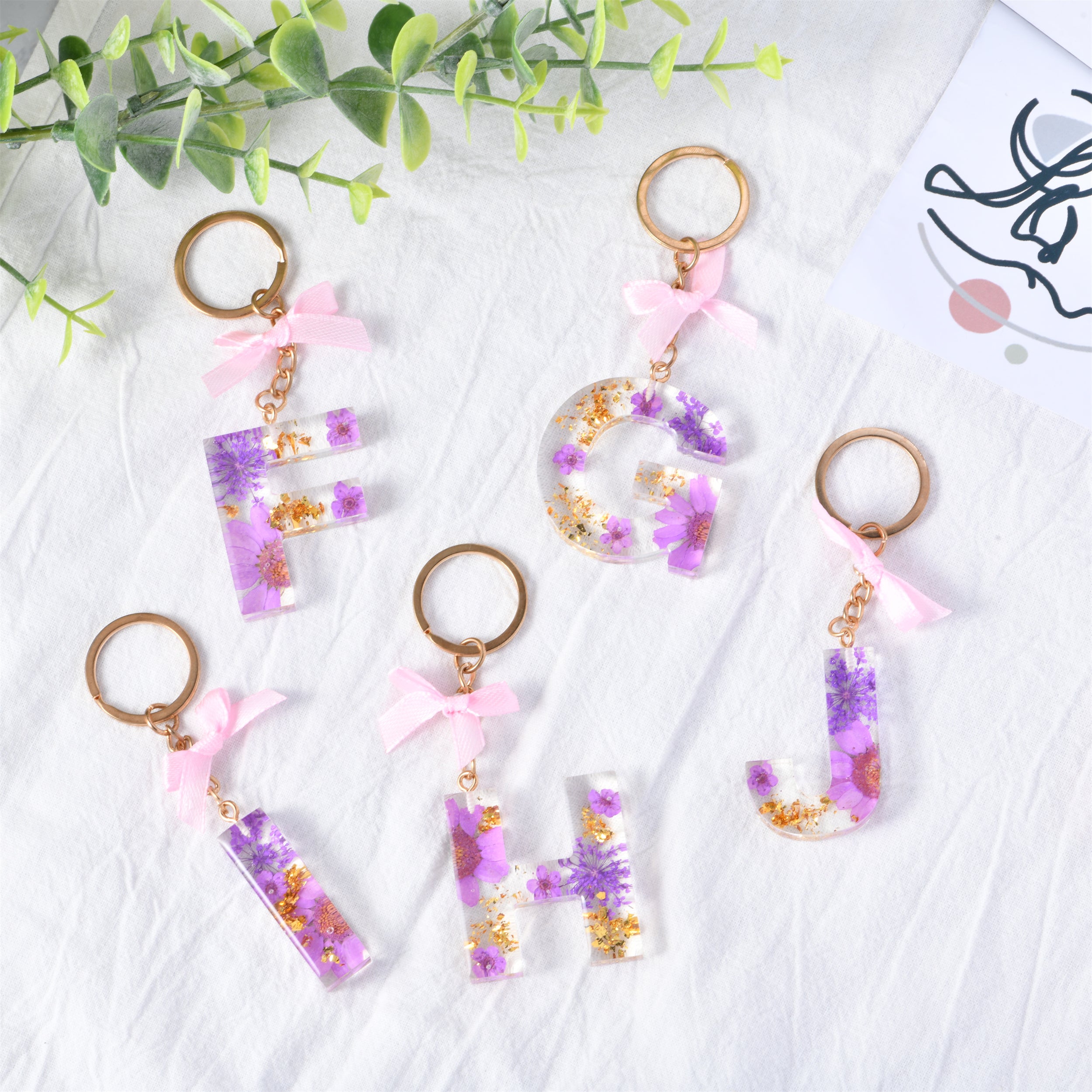 Dried Flowers Letter Initial Resin Key chain,Real Flower,Gold Leaf