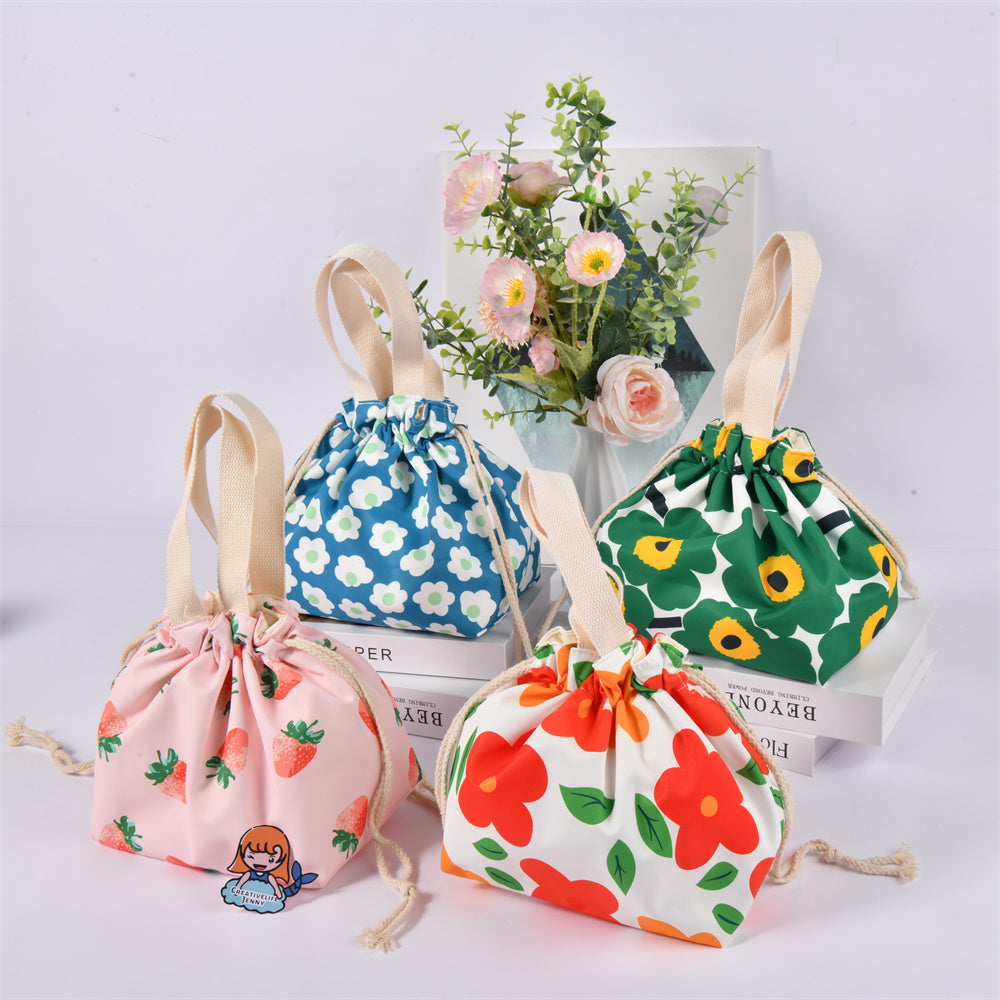 Janpansese Style Flowers Strawberry Drawstring Lunch Tote Bag