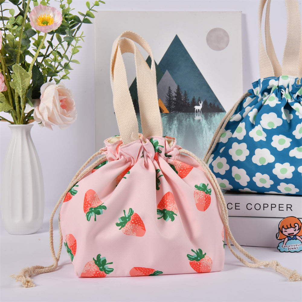 Janpansese Style Flowers Strawberry Drawstring Lunch Tote Bag