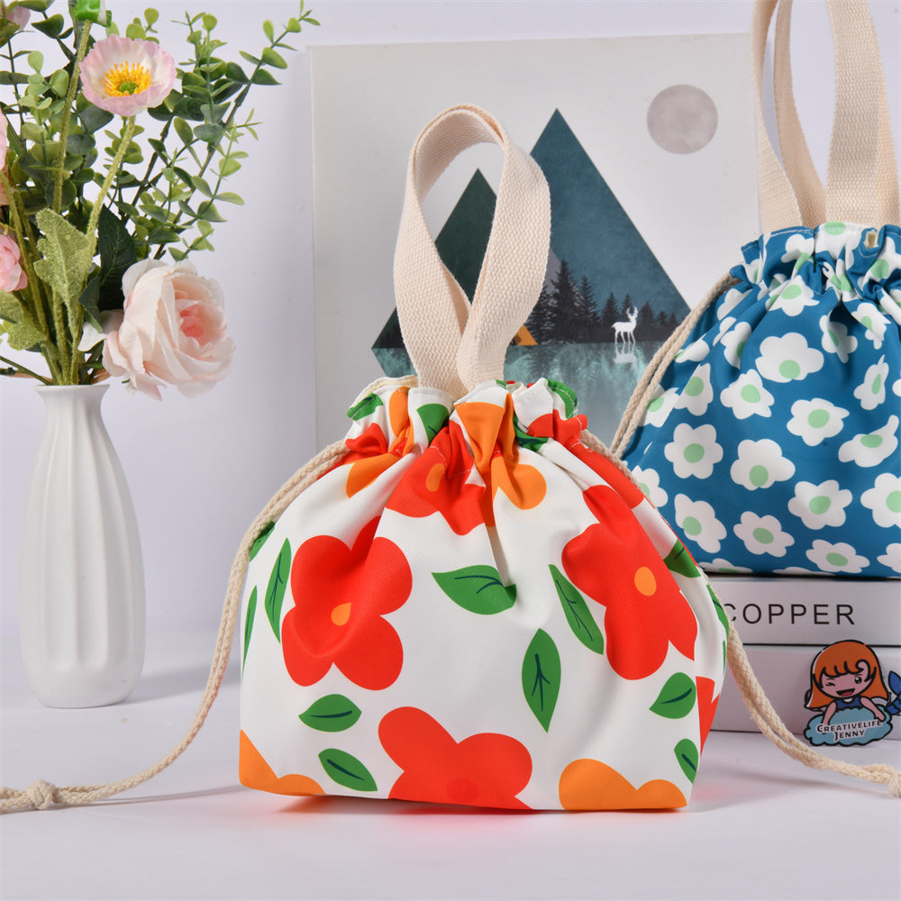 Janpansese Style Flowers Strawberry Drawstring Lunch Tote Bag