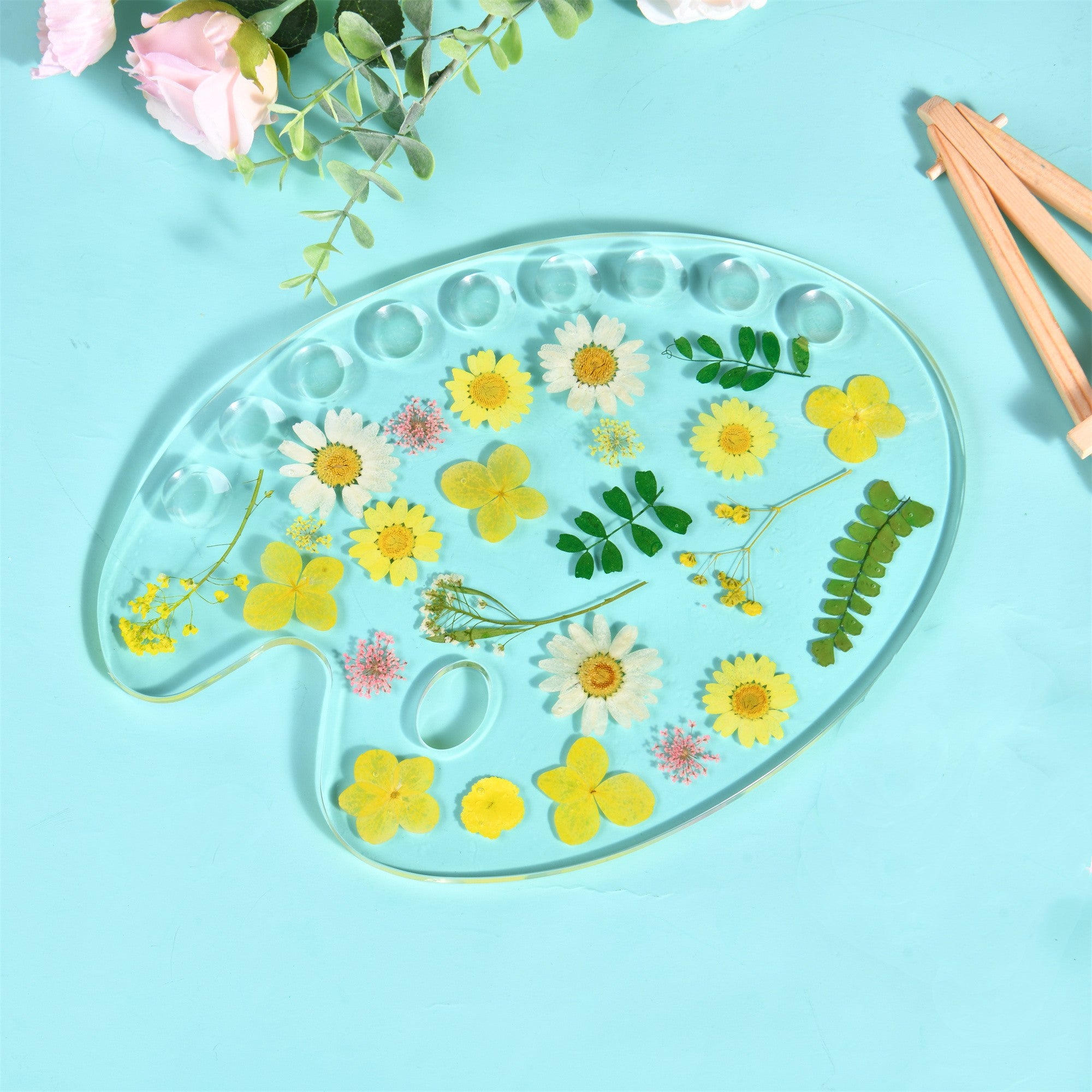 Yellow Pressed Flowers Resin Paint Palette,Handmade Creative Tool&Supplies Artist/Teacher