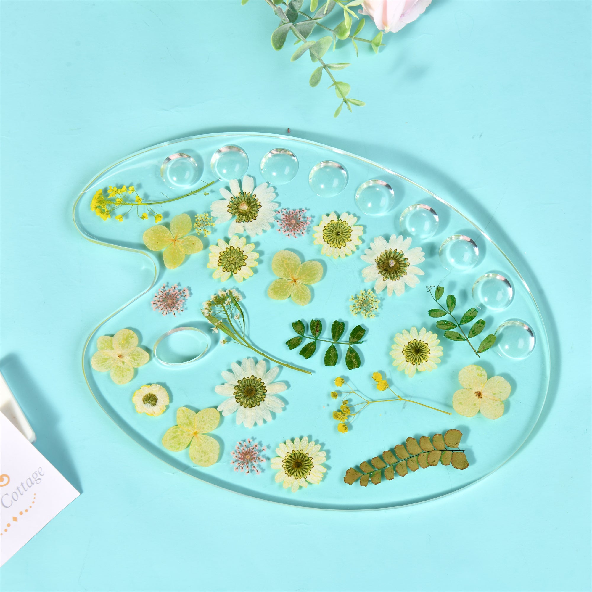 Yellow Pressed Flowers Resin Paint Palette,Handmade Creative Tool&Supplies Artist/Teacher