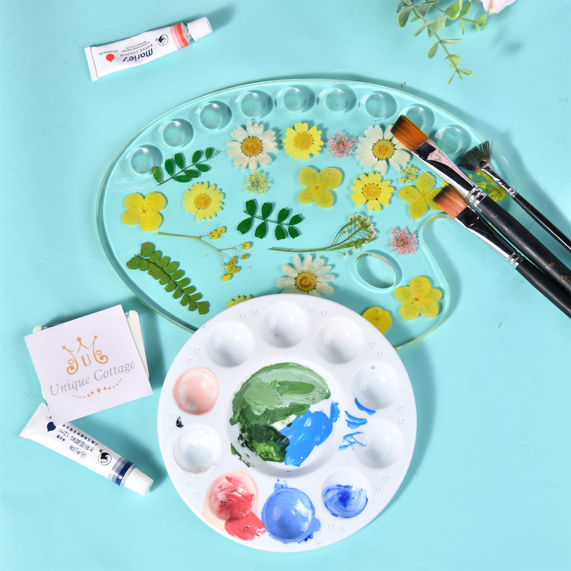 Yellow Pressed Flowers Resin Paint Palette,Handmade Creative Tool&Supplies Artist/Teacher